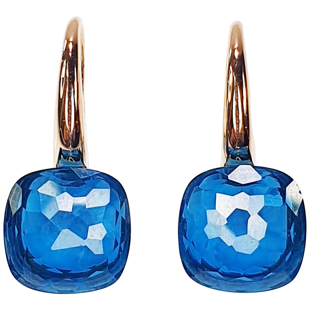 Multifaceted Nudo Blue London Topaz in  18k Gold Dangle Earrings