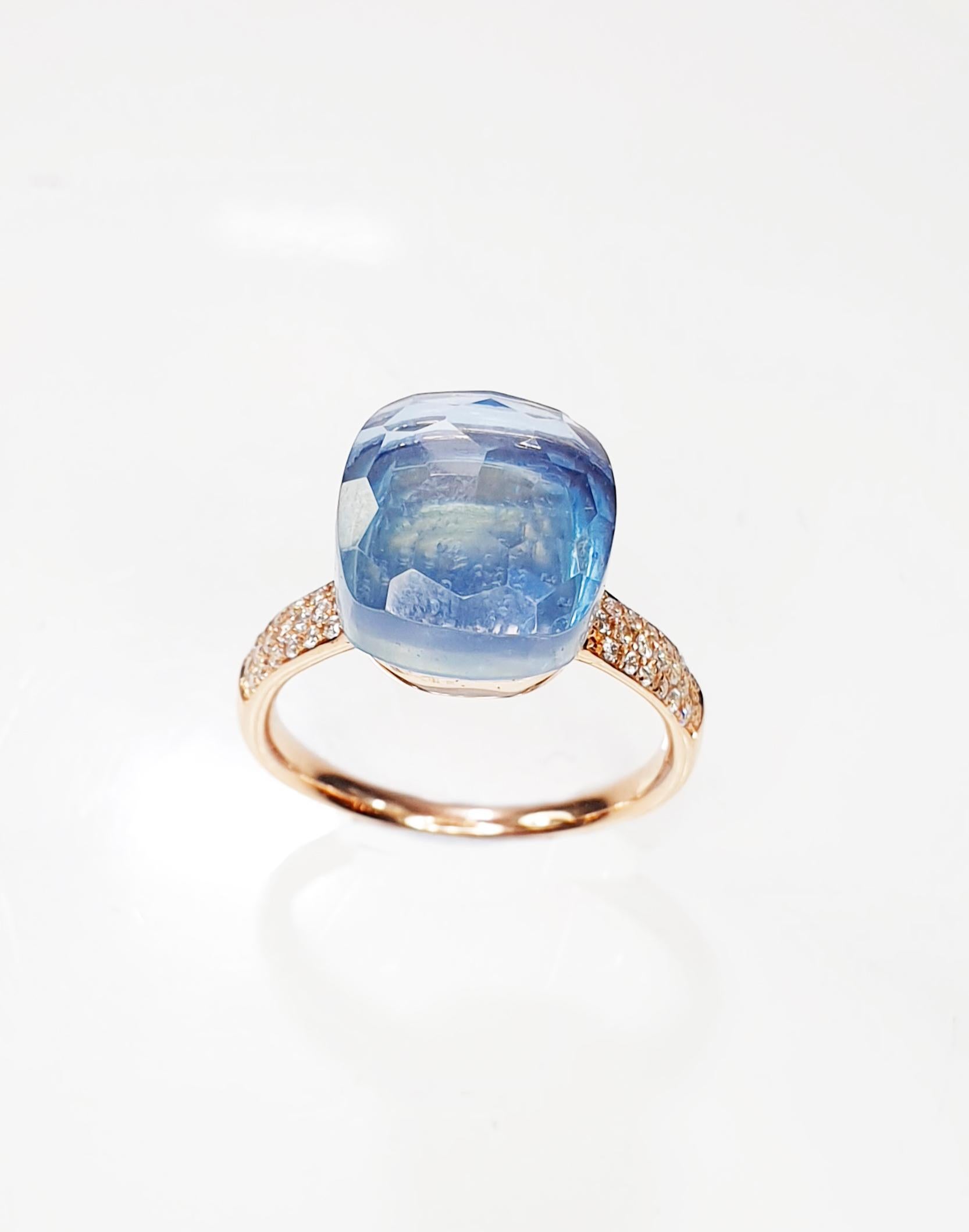 Multifaceted Medium Blue Splash Topaz in 18k rose or yellow  gold and pavé of diamonds ring 
Rings and earrings in a varied selection of 18 colours and gems see below
◘ Weight 5gr
◘ measures: width  10,5x10,5 mm or  .413x.413 inches  height 5mm/