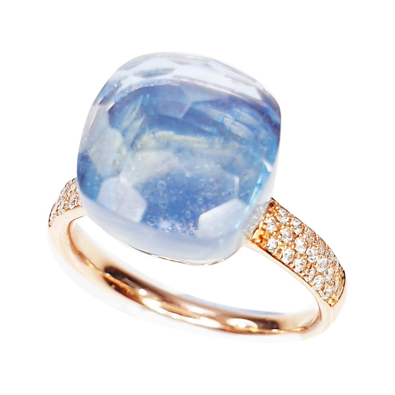 Multifaceted Blue Splash Topaz in 18k Gold and Pavé of Diamonds Ring
