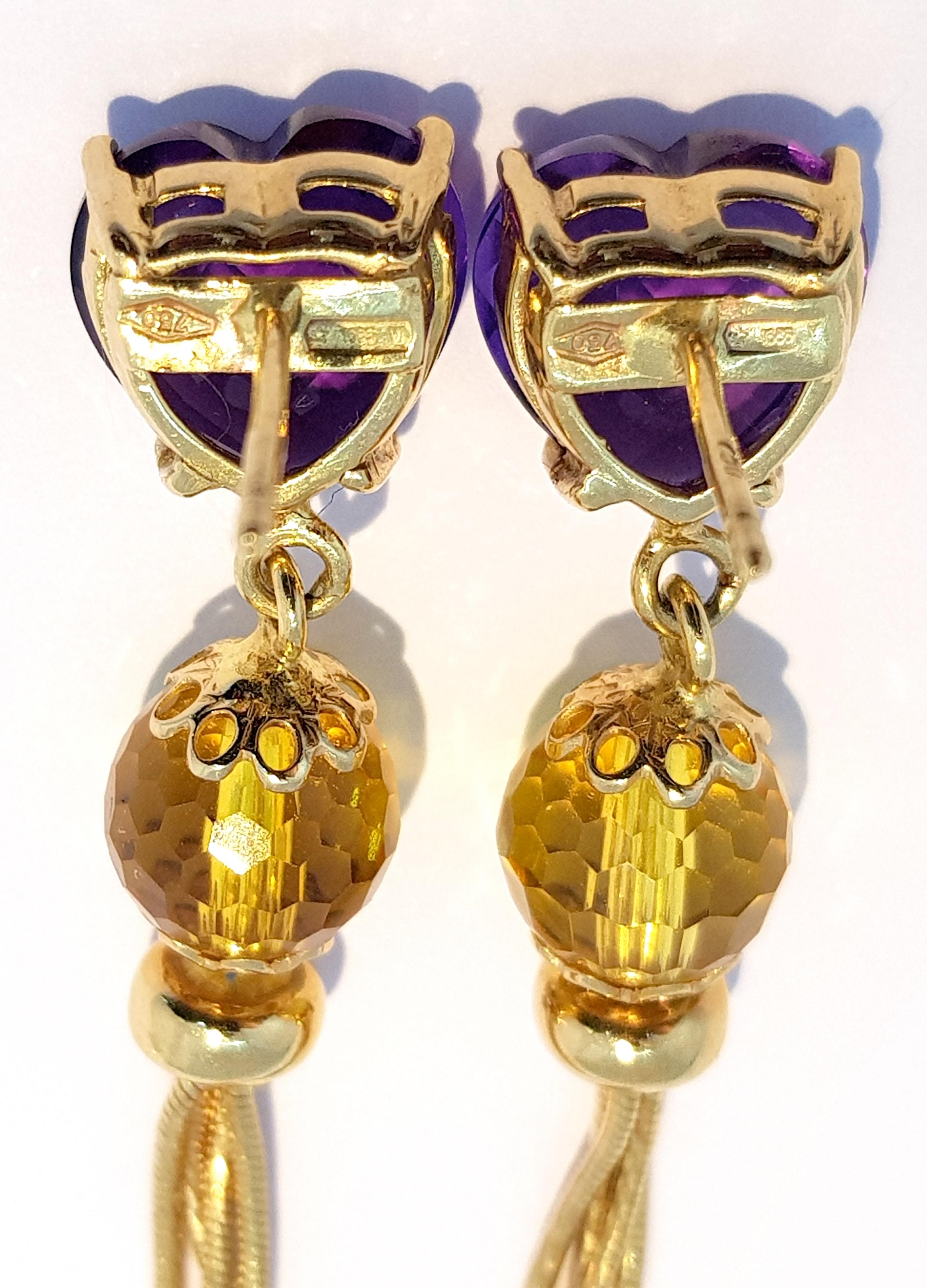 Artisan Multifaceted Heart Amethyst and Briolette Citrine in 18k Gold Dangle Earrings For Sale
