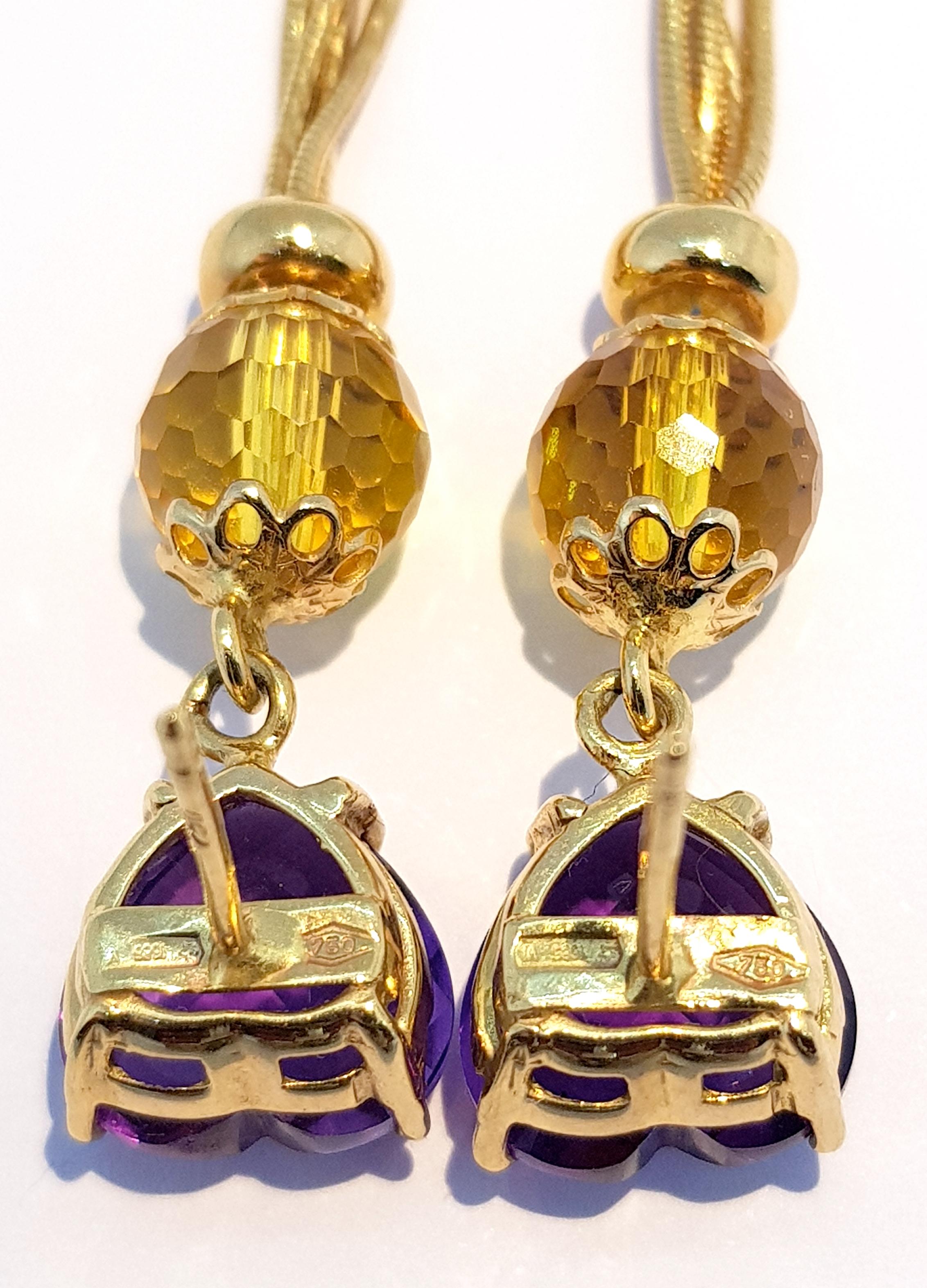 Multifaceted Heart Amethyst and Briolette Citrine in 18k Gold Dangle Earrings In Excellent Condition For Sale In Bilbao, ES