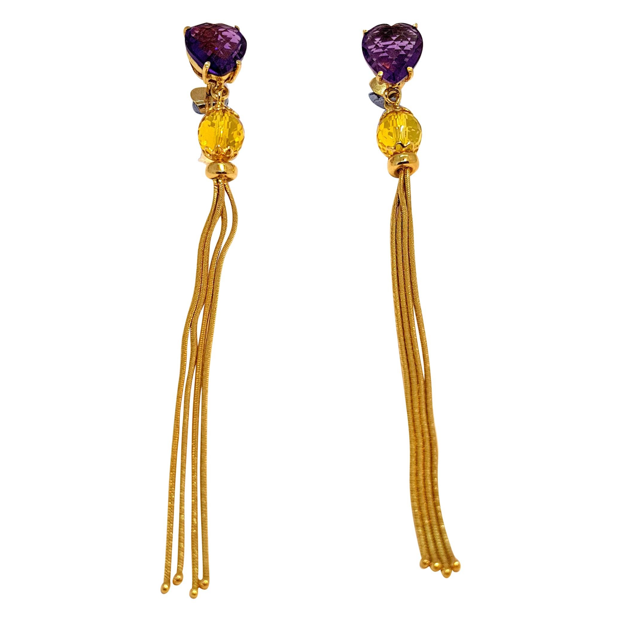 Multifaceted Heart Amethyst and Briolette Citrine in 18k Gold Dangle Earrings For Sale