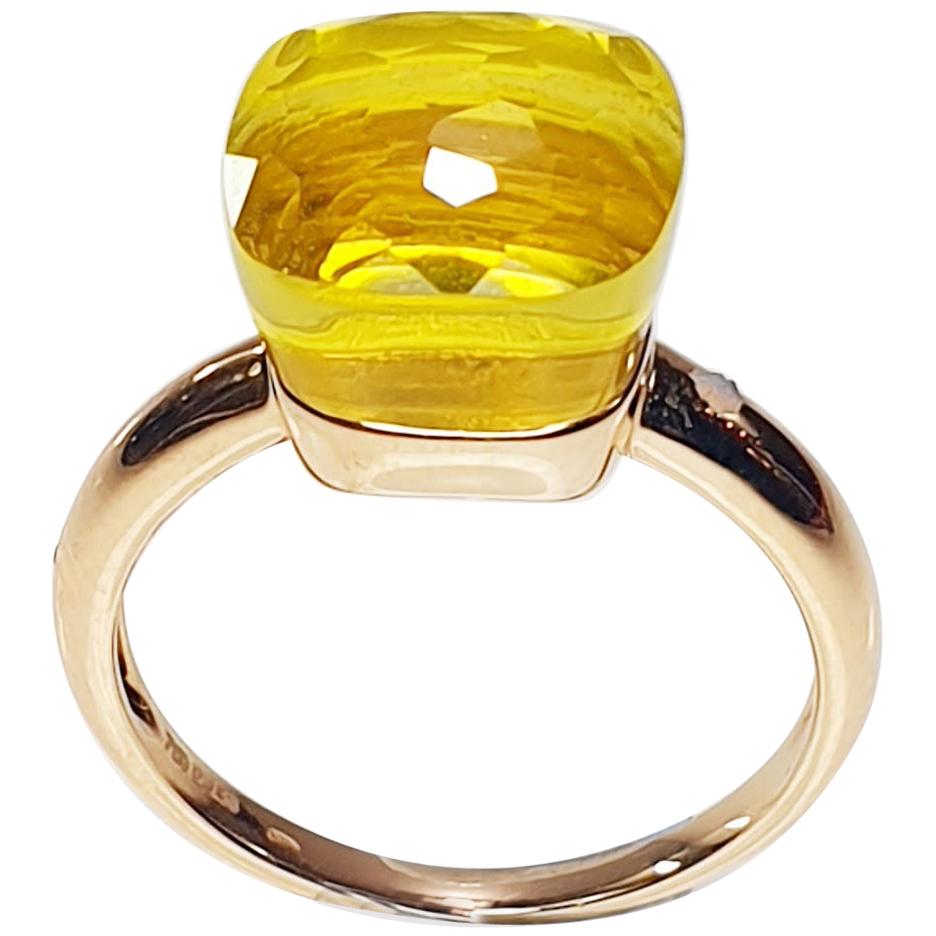 Multifaceted  Lemmon Quartz 18 Karat Rose Gold Dangle Ring