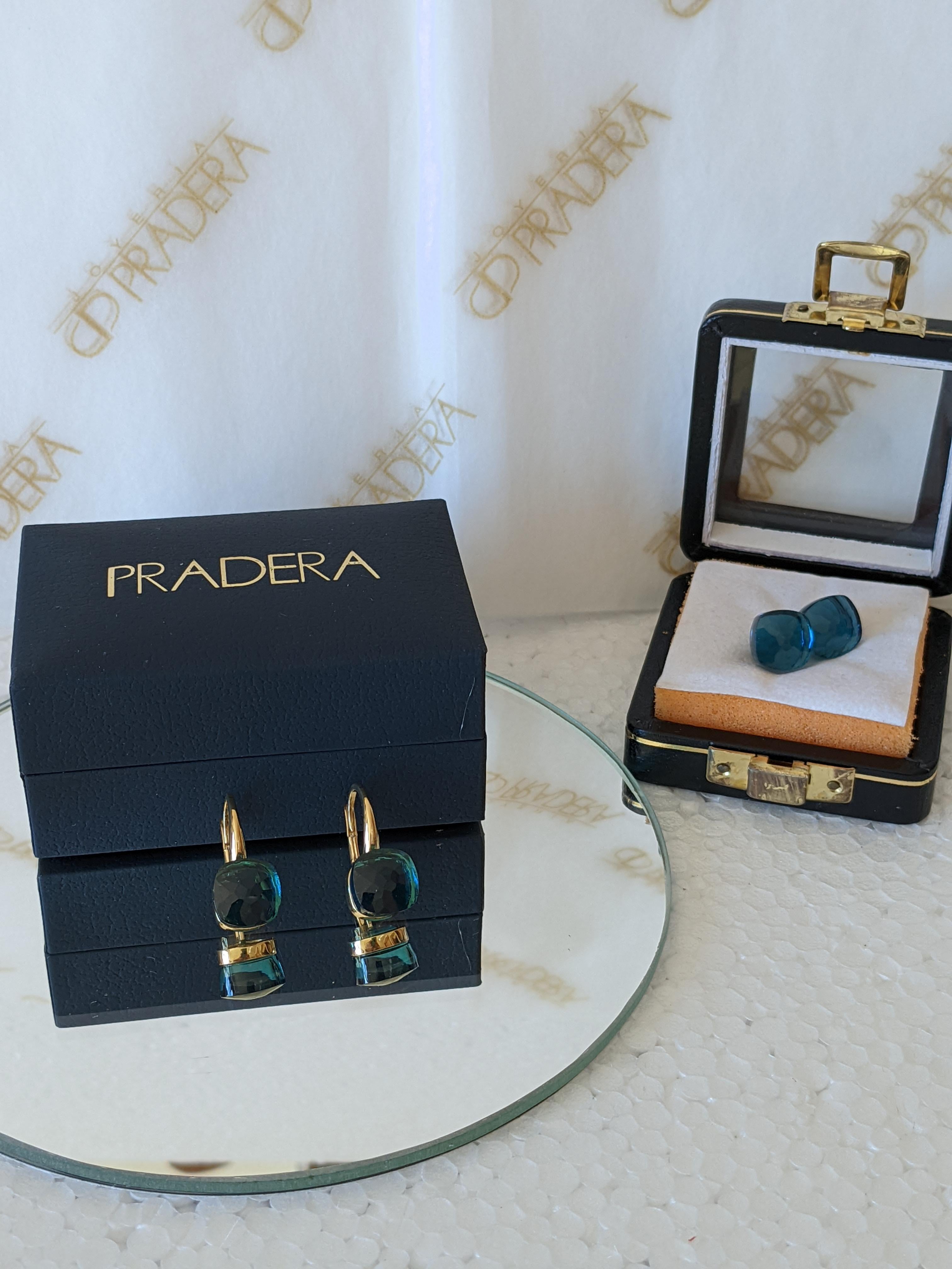 Cushion Cut Multifaceted Nudo Blue London Topaz in  18k Gold Dangle Earrings For Sale