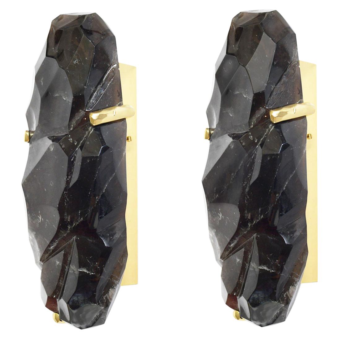 Multifaceted Smoky Rock Crystal Sconces by Phoenix For Sale