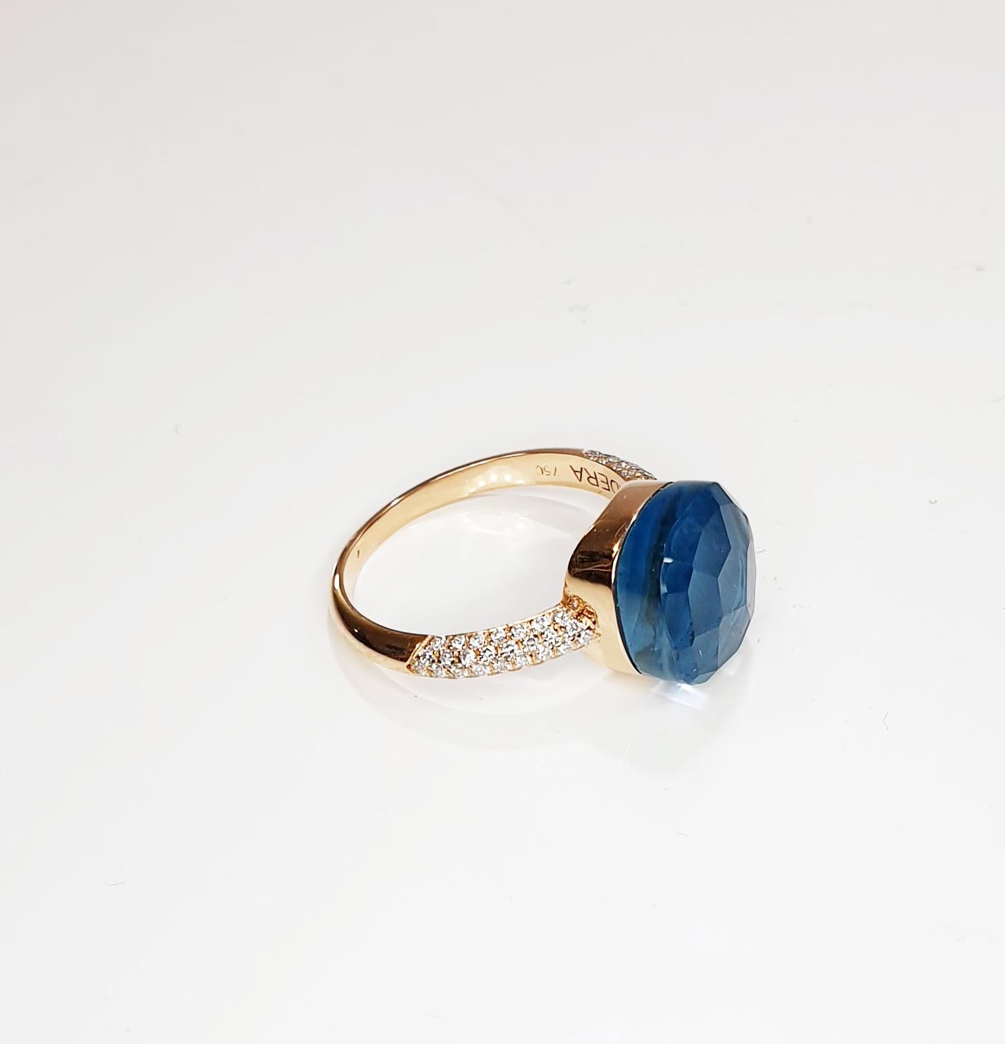 Contemporary Multifaceted Topaz Blue London 18 Karat Rose Gold with Diamonds Ring