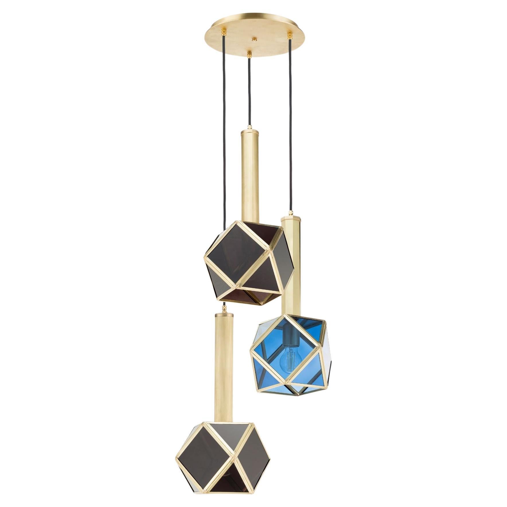 Multifaceted Triple Suspension with Brass Structure and Colored Glasses For Sale