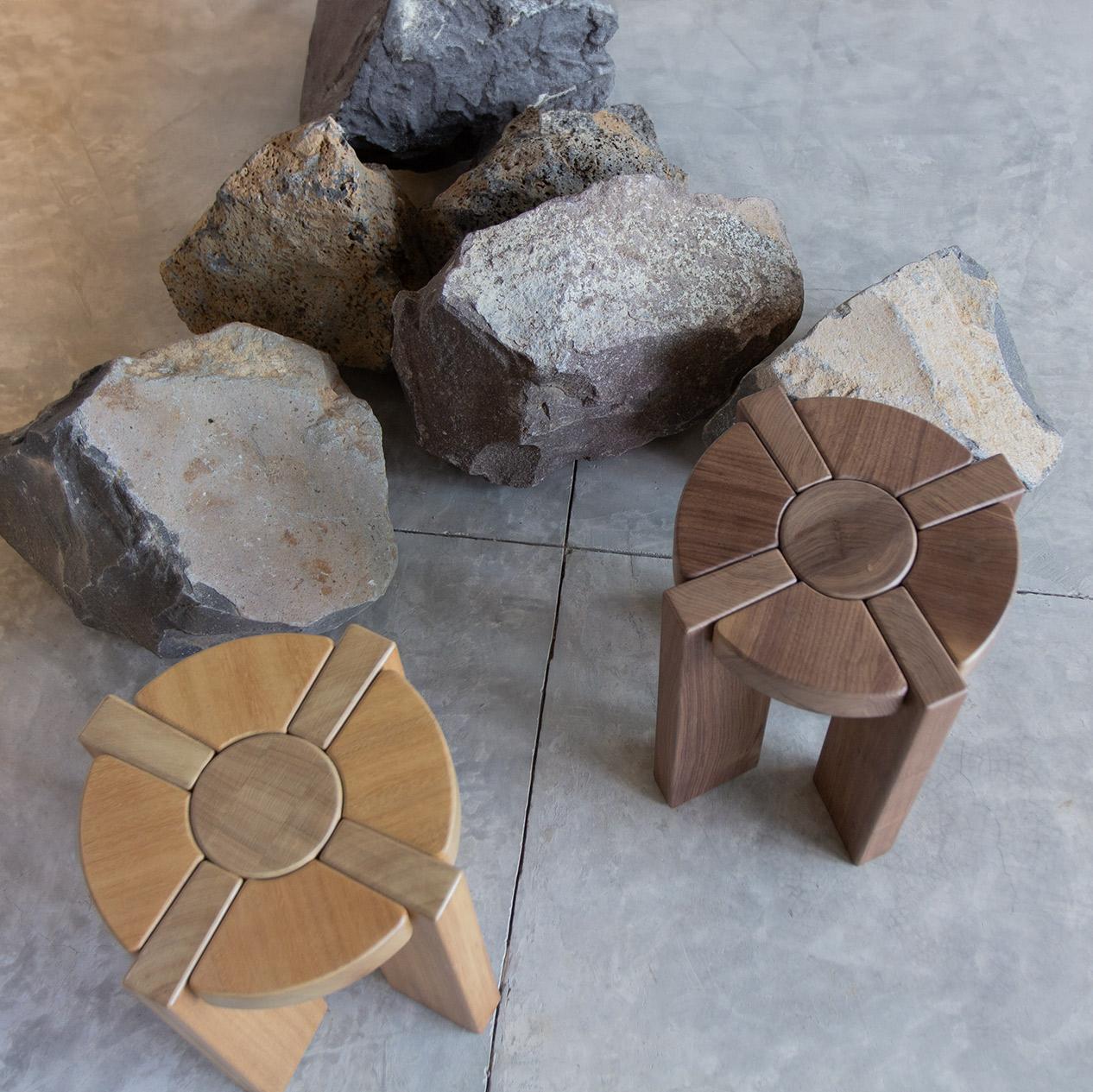 Mexican Multiflora, Stool or Side-Table, made of teak inspired by symbols. For Sale