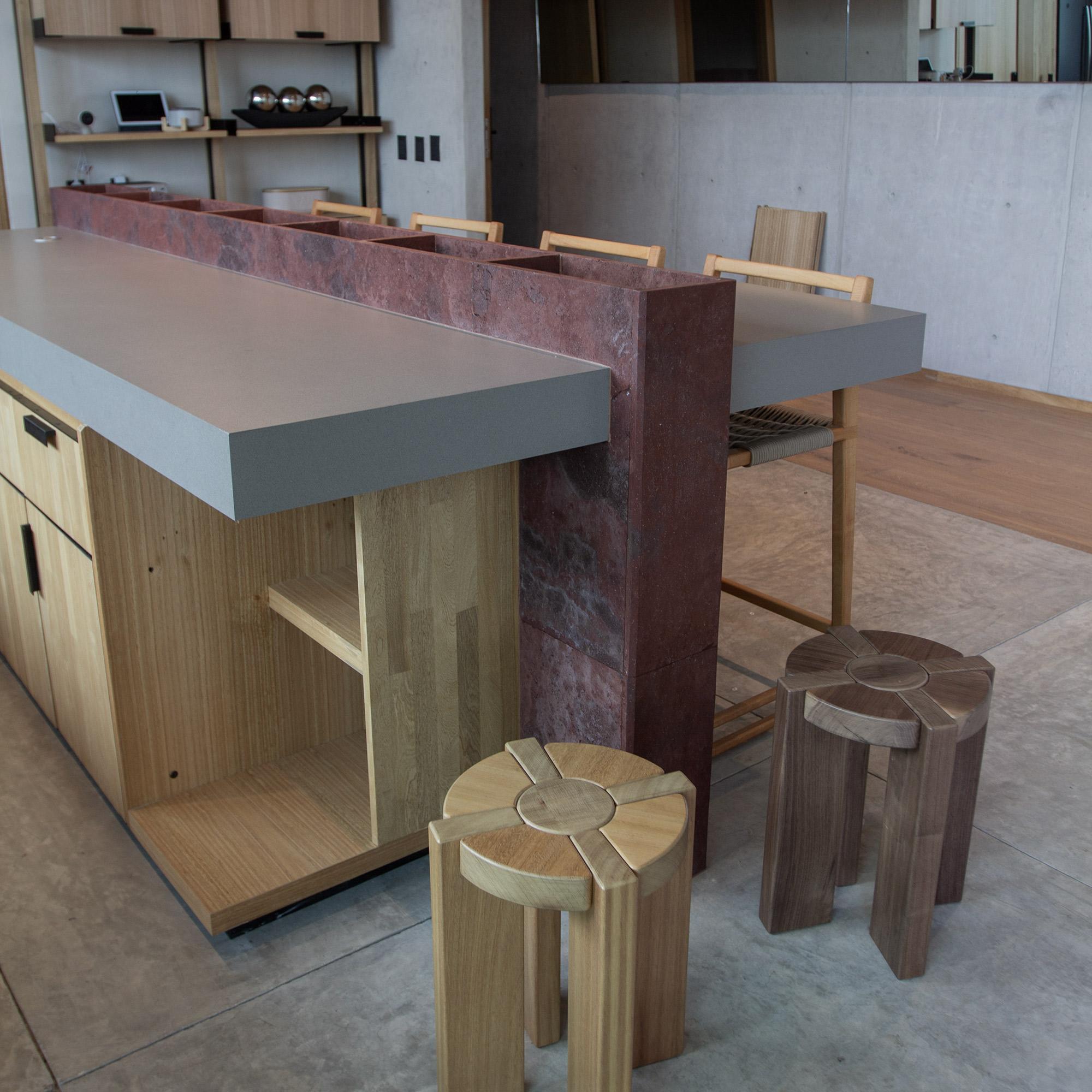 Varnished Multiflora, Stool or Side-Table, made of teak inspired by symbols. For Sale