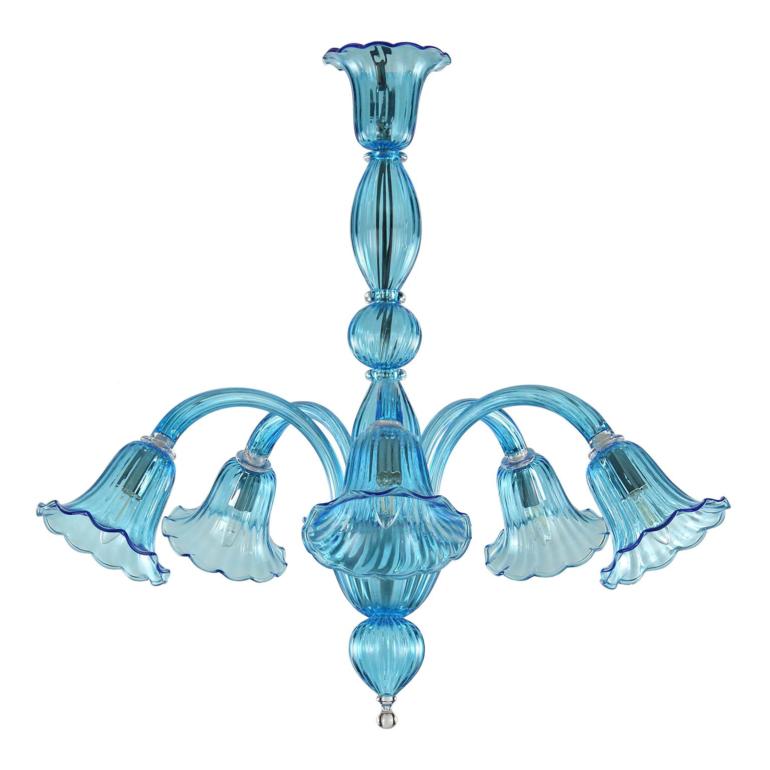 Lustre du 21e siècle à 5 éclairages, verre de Murano Rigadin bleu clair par Multiforme