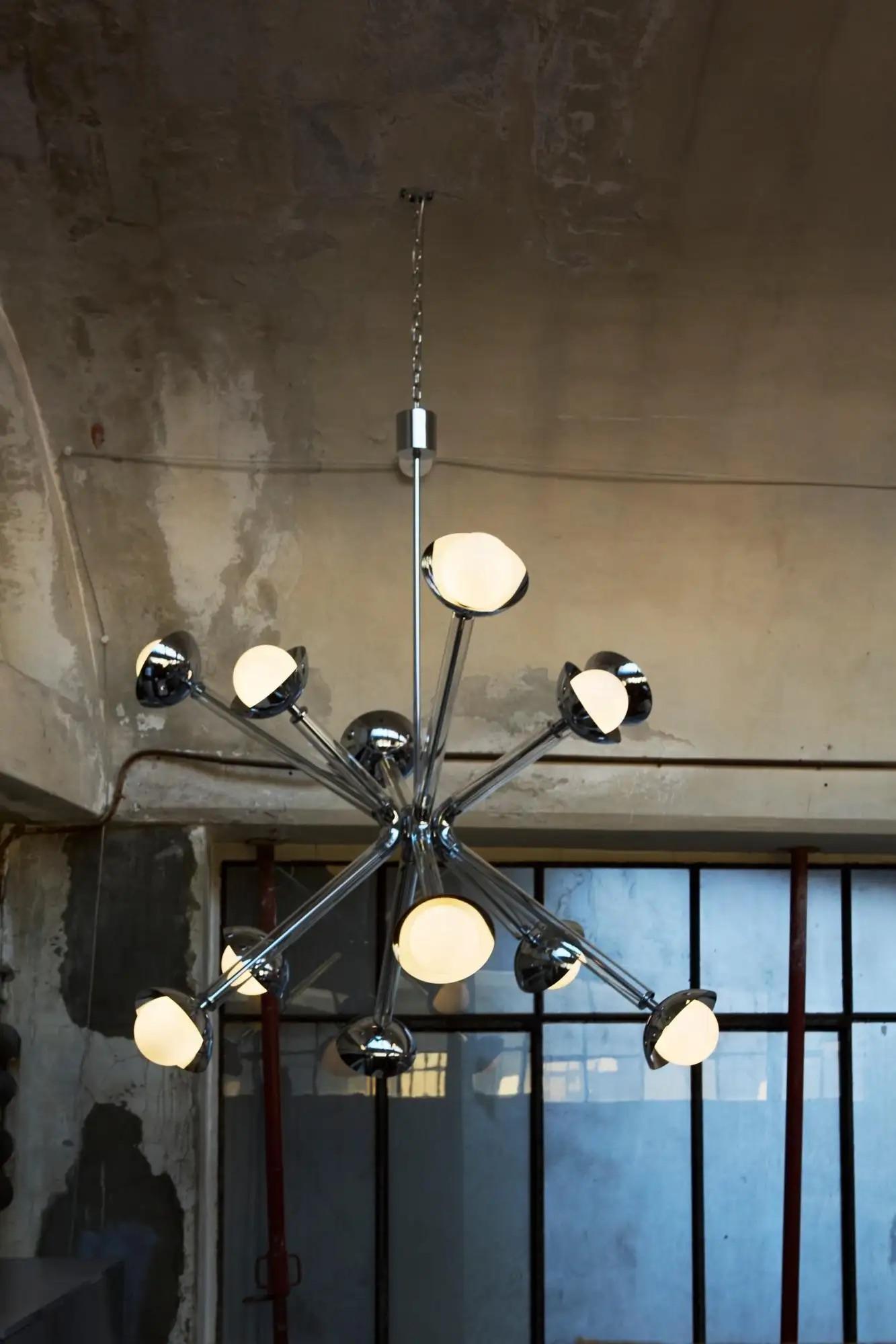 Multiforme for Cosulich Italian Contemporary Chrome Blue Glass 12-Light Sputnik For Sale 3