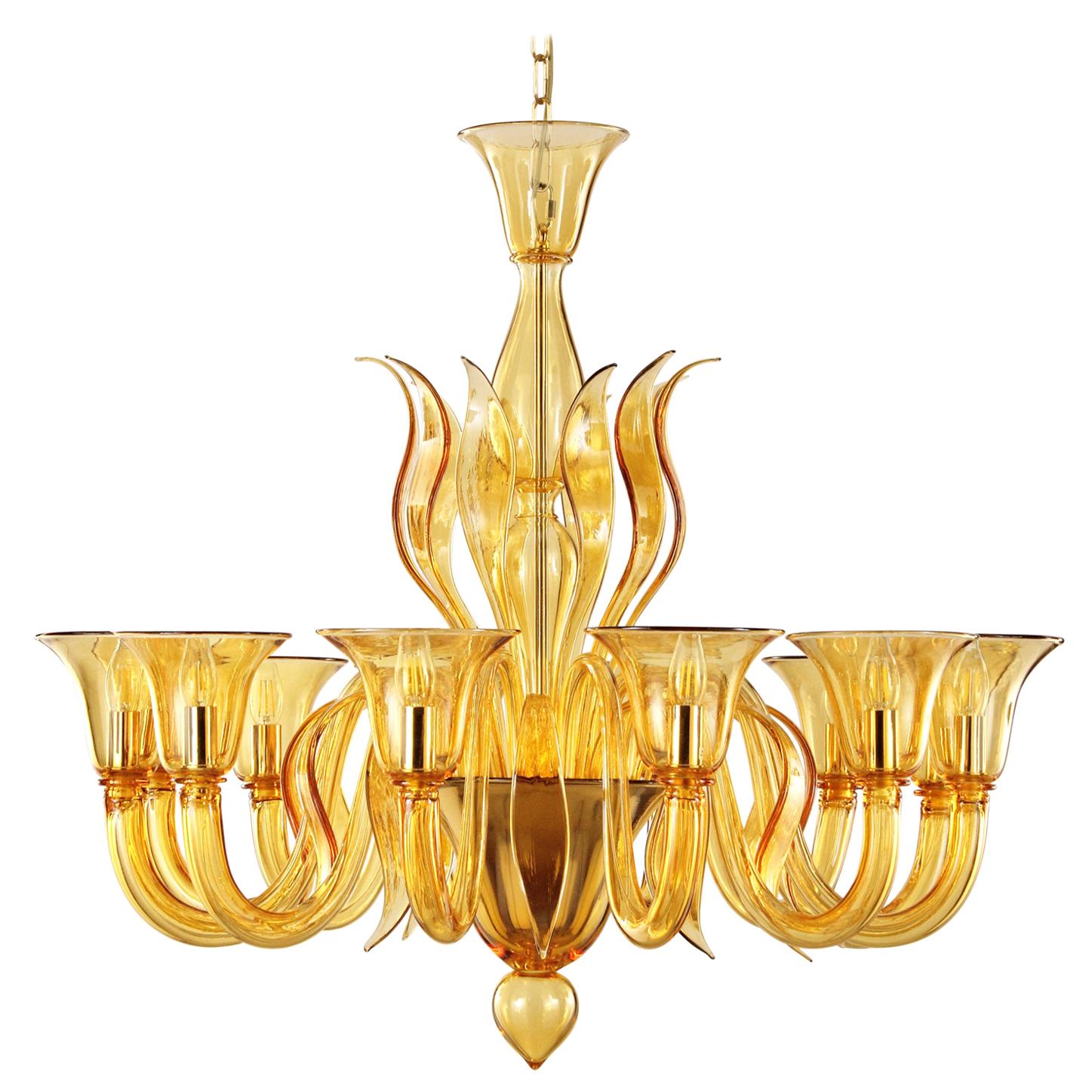 Italian Chandelier, 12 arms Amber Murano Glass by Multiforme  For Sale