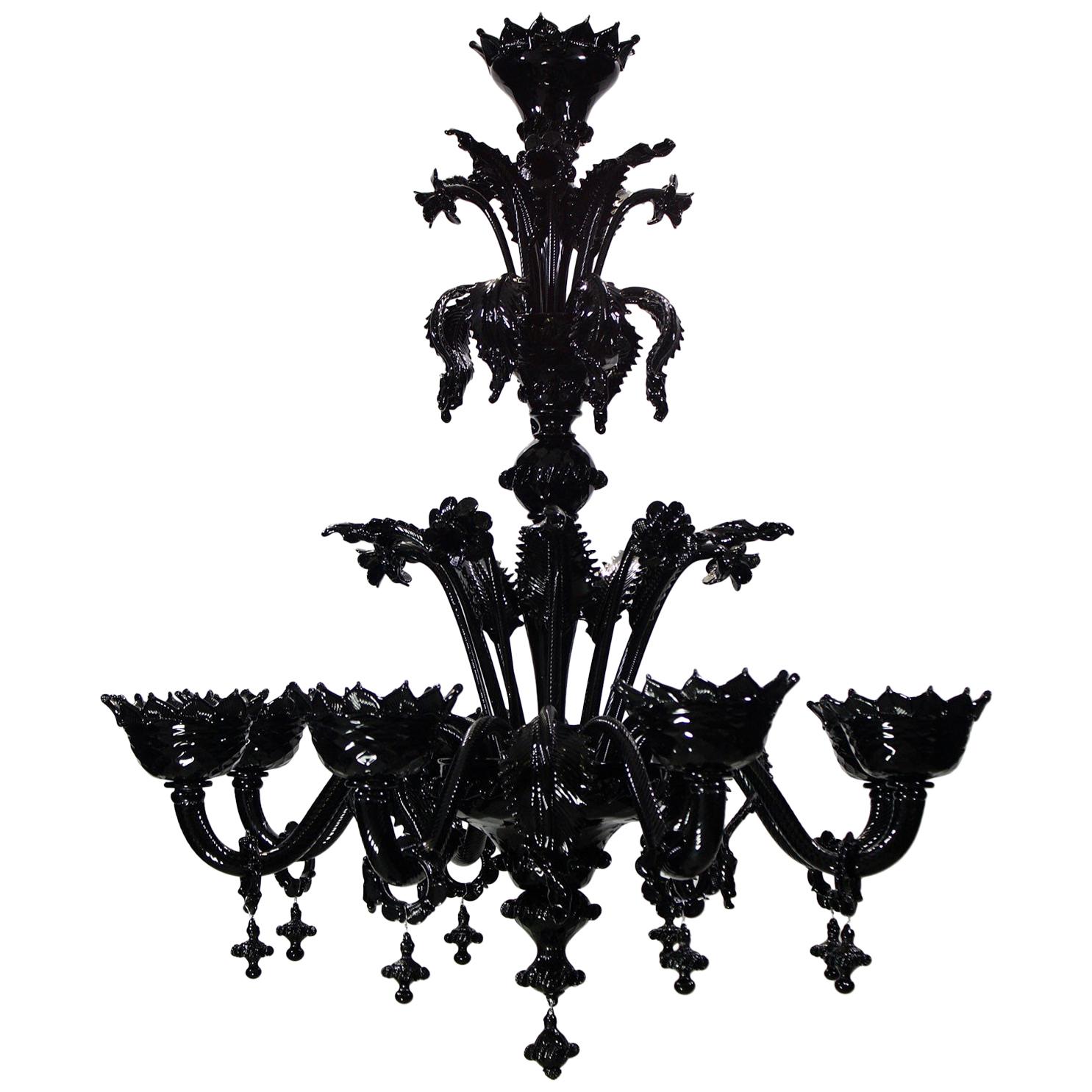 Classic Chandelier 8arms Black Murano Glass handmade decorations by Multiforme  For Sale
