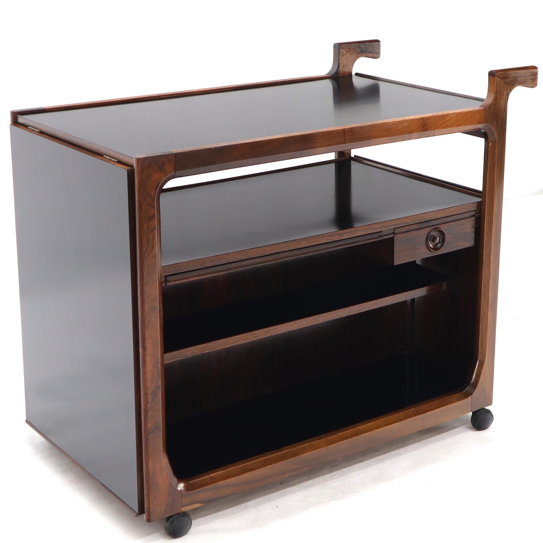 Lacquered Multifunctional Danish Rosewood Drop Leaf Bar Tea Cart Mid-Century Modern For Sale