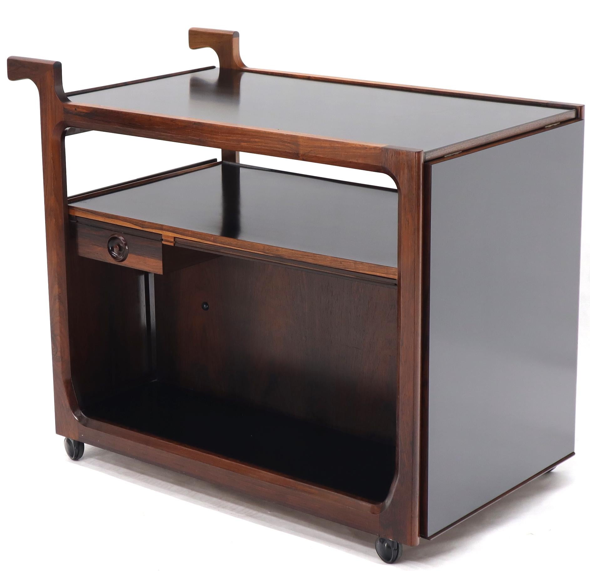 Multifunctional Danish Rosewood Drop Leaf Bar Tea Cart Mid-Century Modern For Sale 1