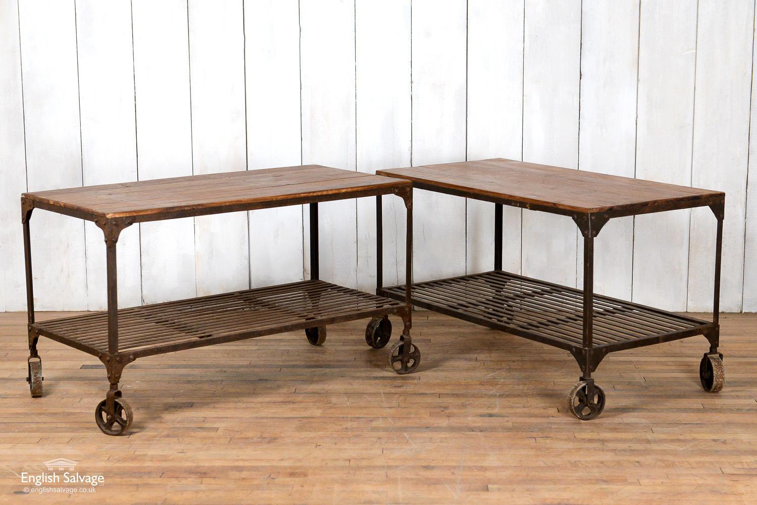 These multifunctional table trolleys with an industrial feel are made from reclaimed hardwood coupled with iron frames and wheels. They have a weathered appearance with some marks and surface rust to the frame and an appealing patina to the wood.