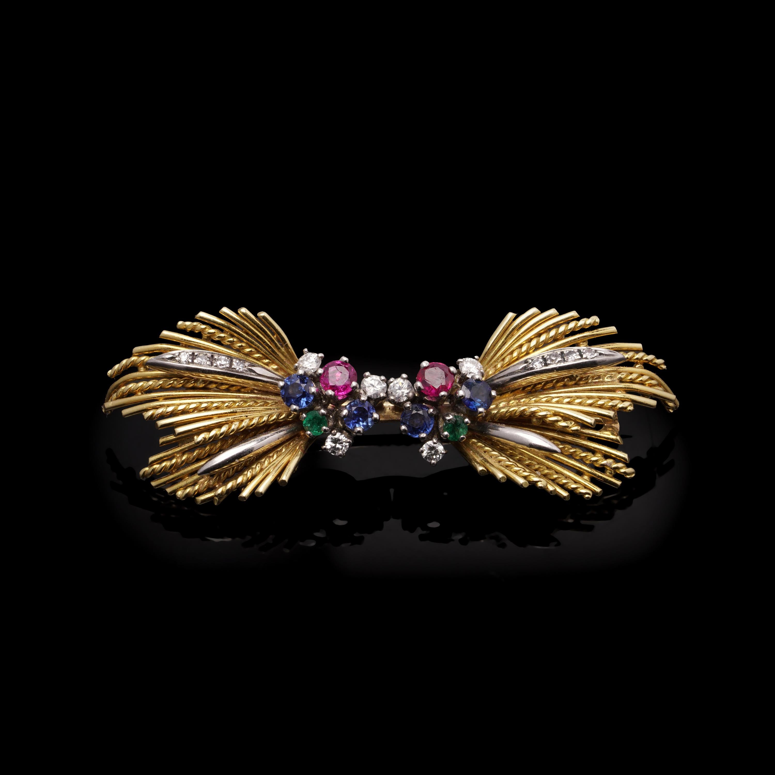 Bow-Brosche mit Multigem und Diamanten aus 18 Karat Gold im Zustand „Gut“ im Angebot in Braintree, GB