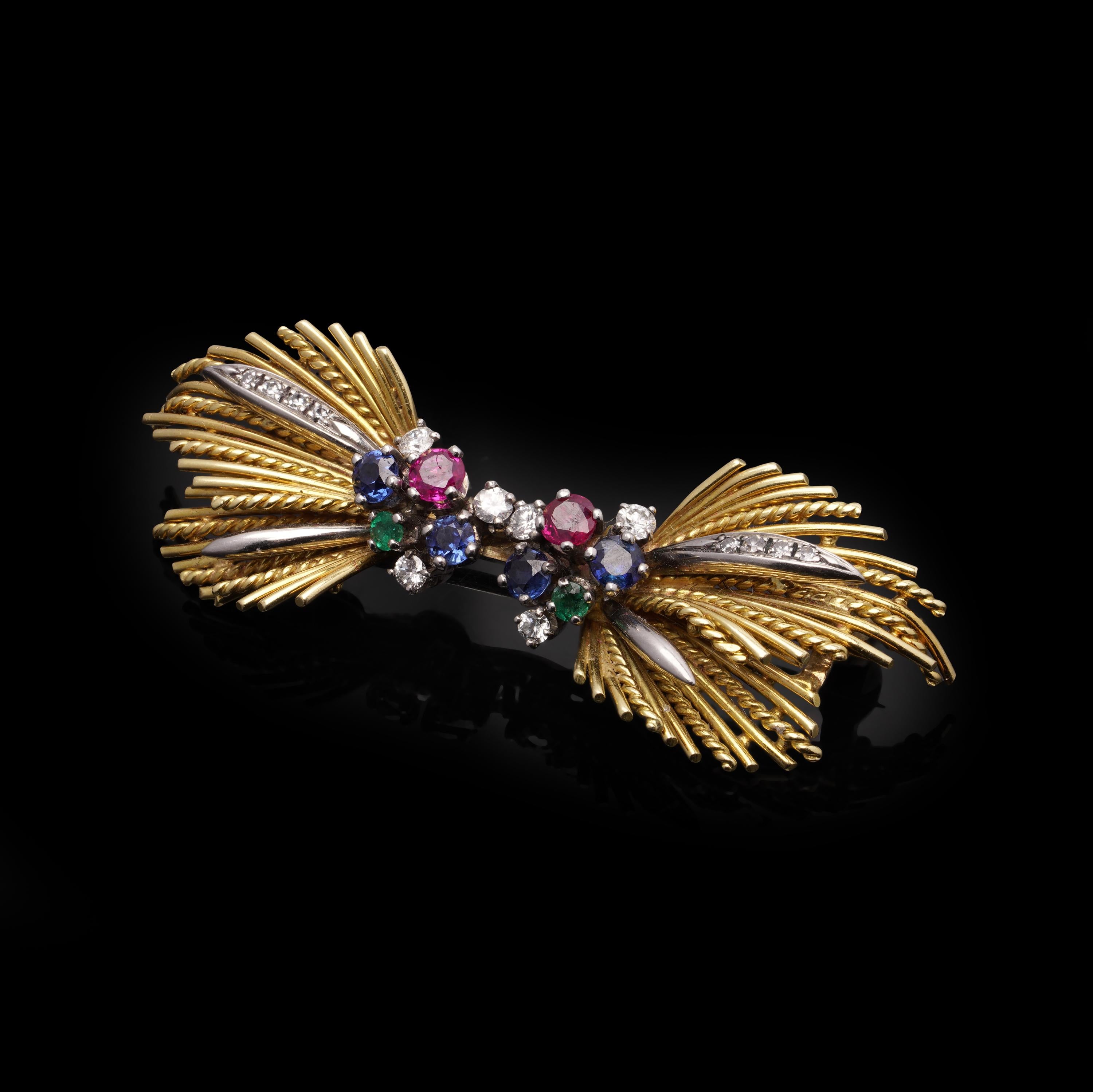 Bow-Brosche mit Multigem und Diamanten aus 18 Karat Gold für Damen oder Herren im Angebot