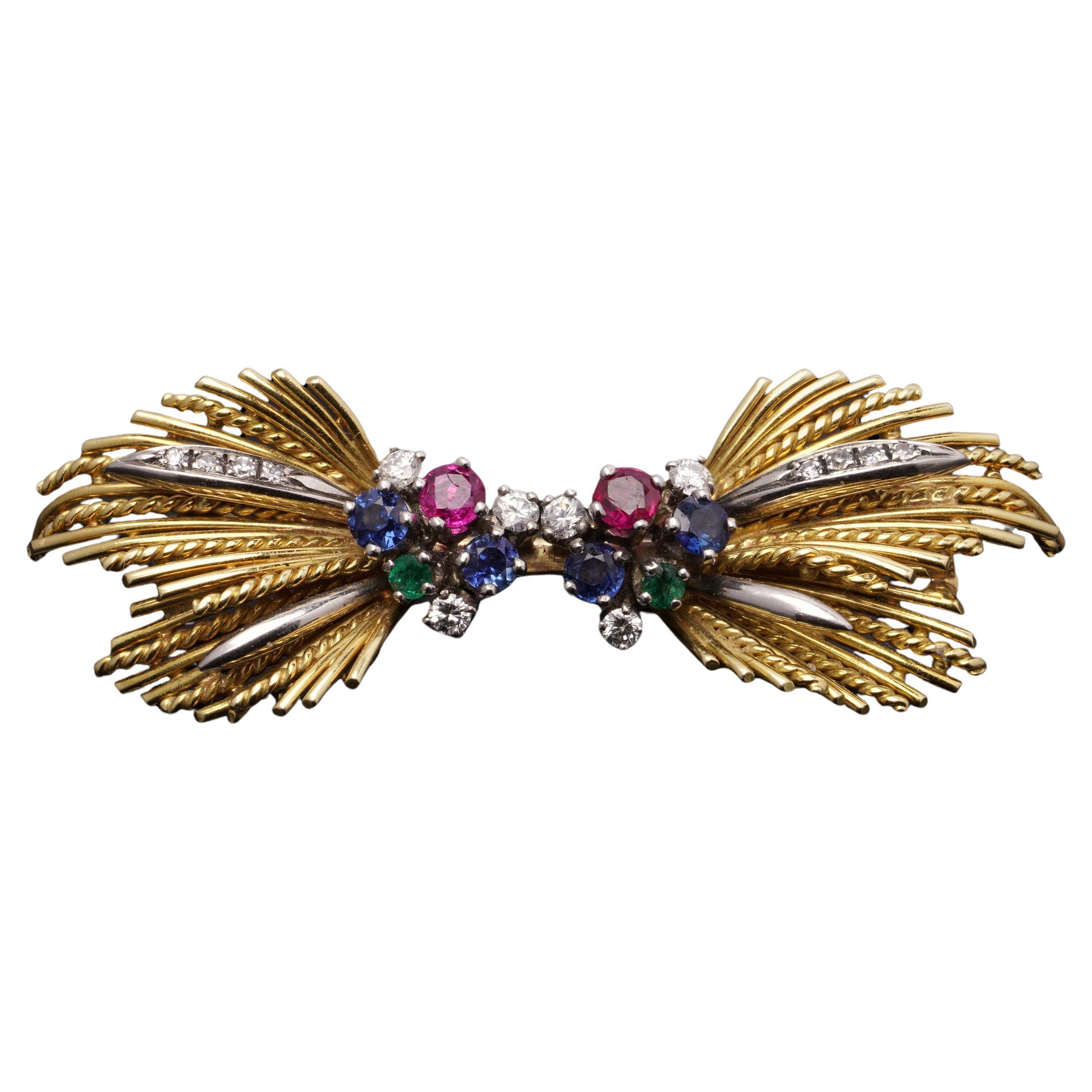 Multigem and Diamond Bow Brooch in 18kt Gold