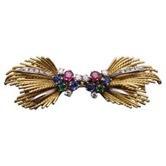 Multigem and Diamond Bow Brooch in 18kt Gold