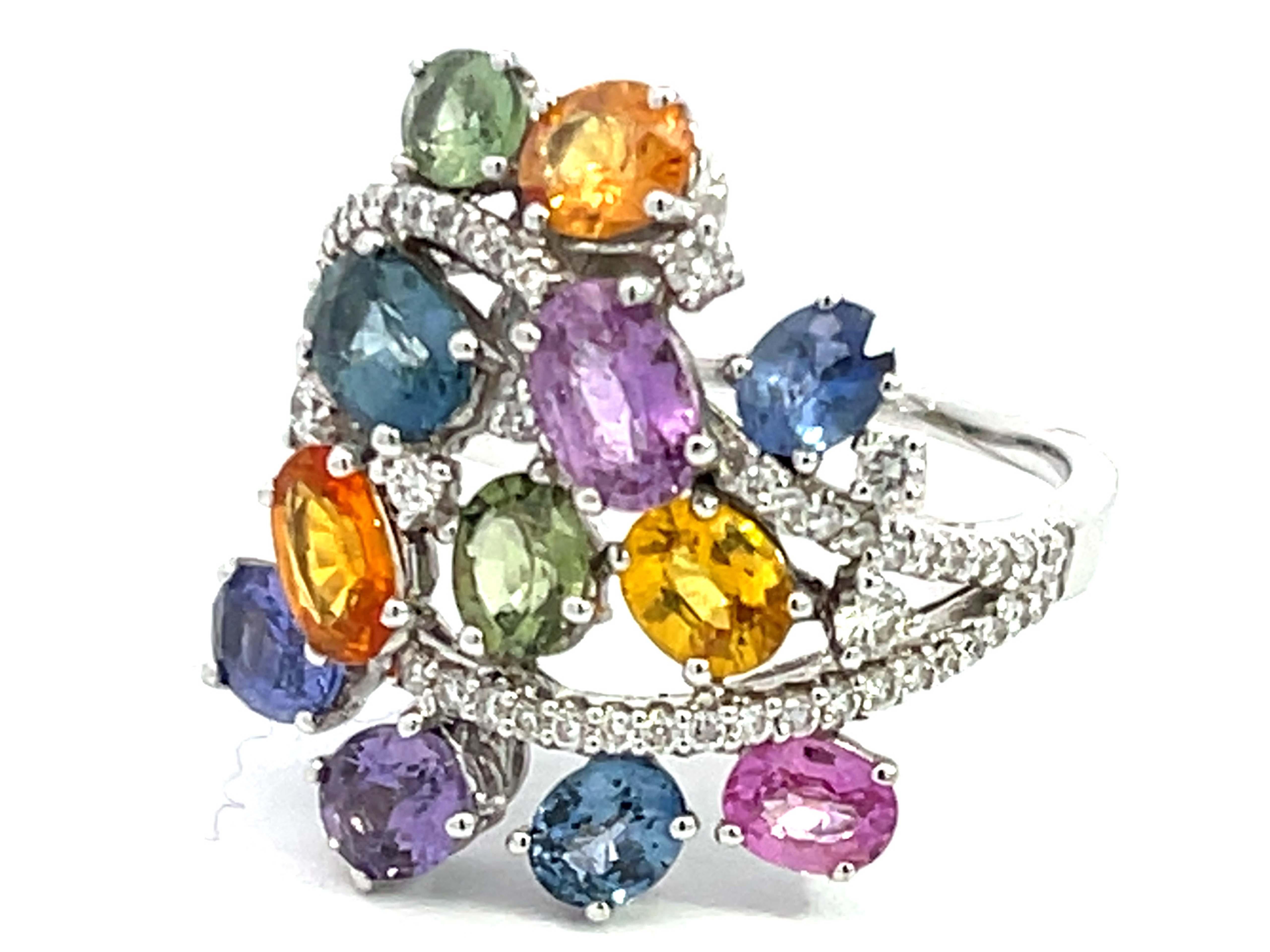 Oval Cut MultiGem and Diamond Cocktail Ring in 18k White Gold For Sale