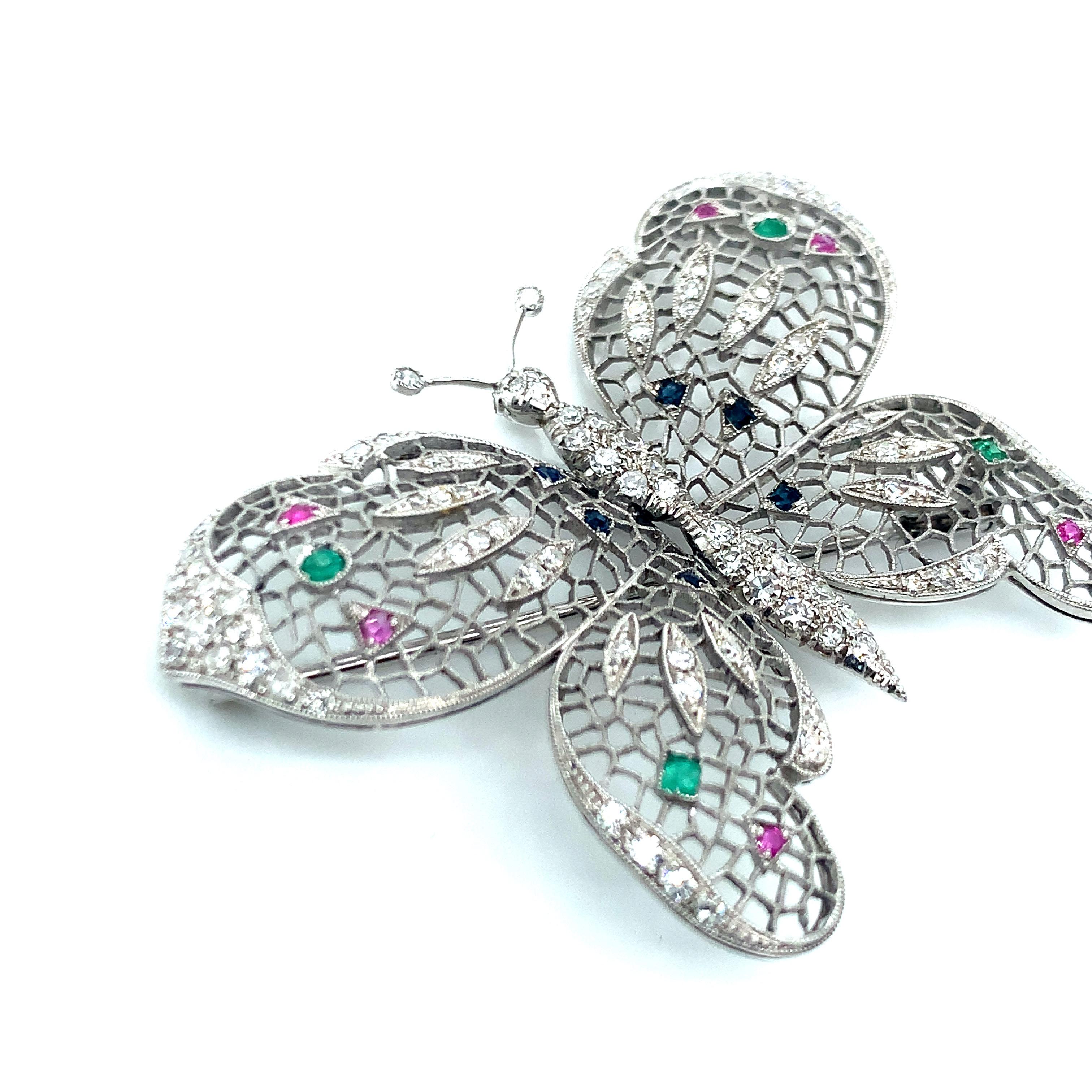 Round Cut Multigem Butterfly Diamond Brooch For Sale