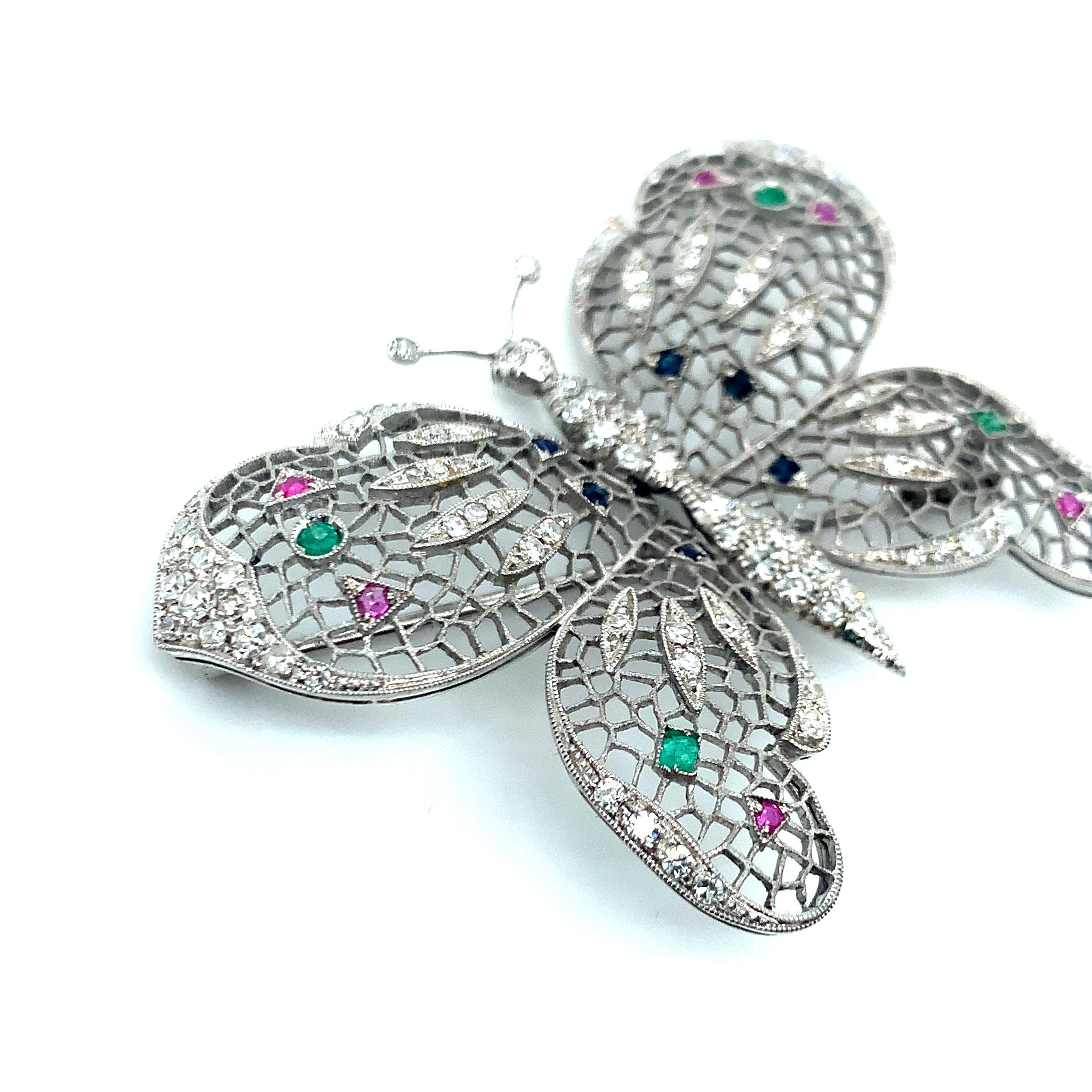Multigem Butterfly Diamond Brooch In Excellent Condition For Sale In New York, NY