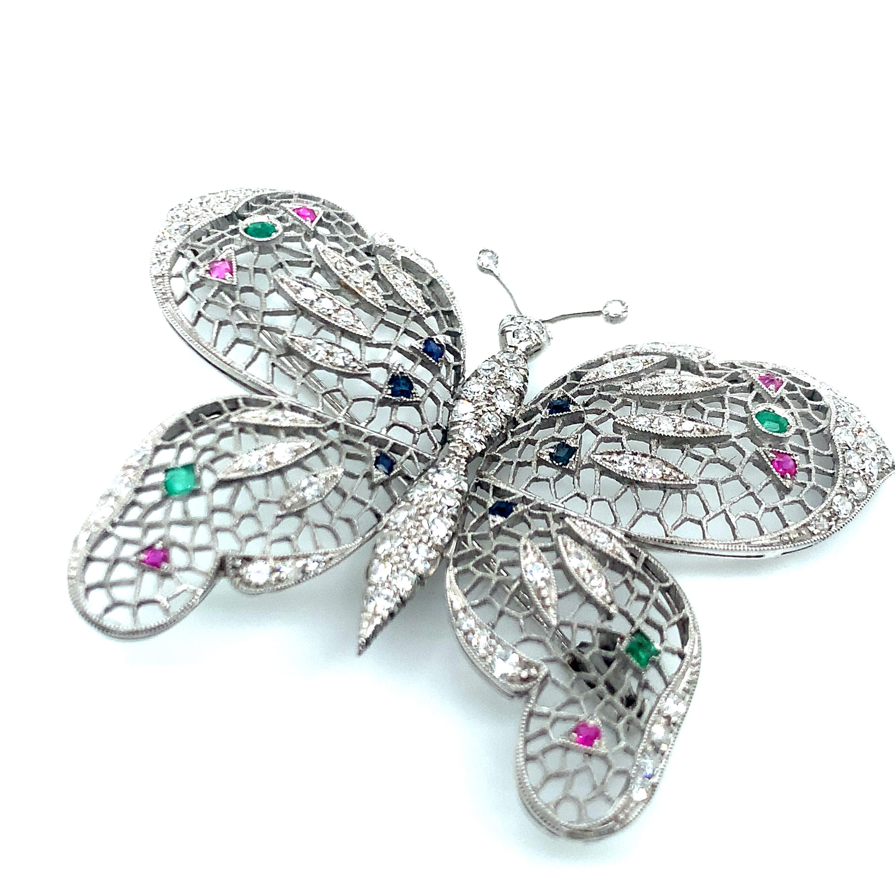 Women's or Men's Multigem Butterfly Diamond Brooch For Sale