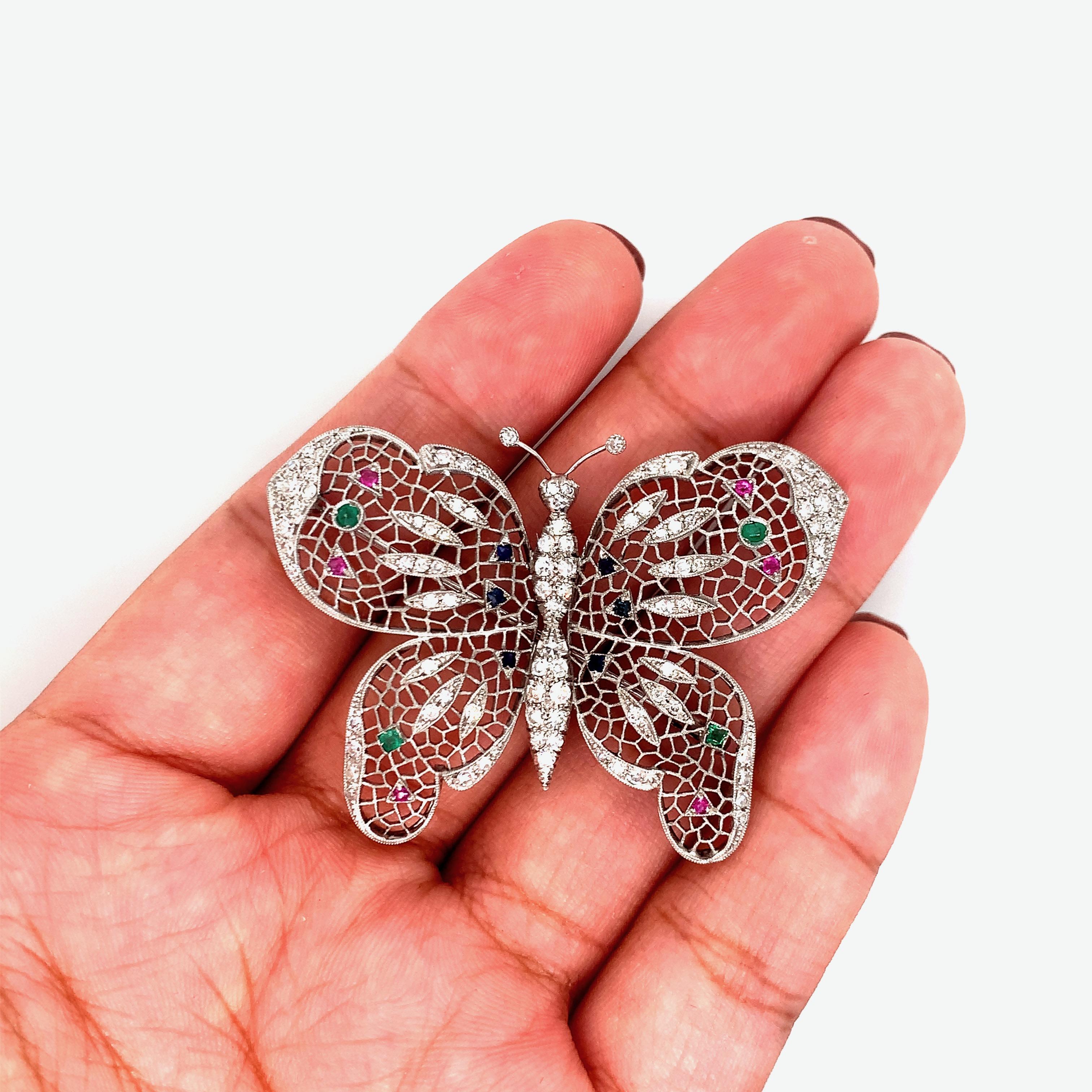 Multigem Butterfly Diamond Brooch For Sale 2