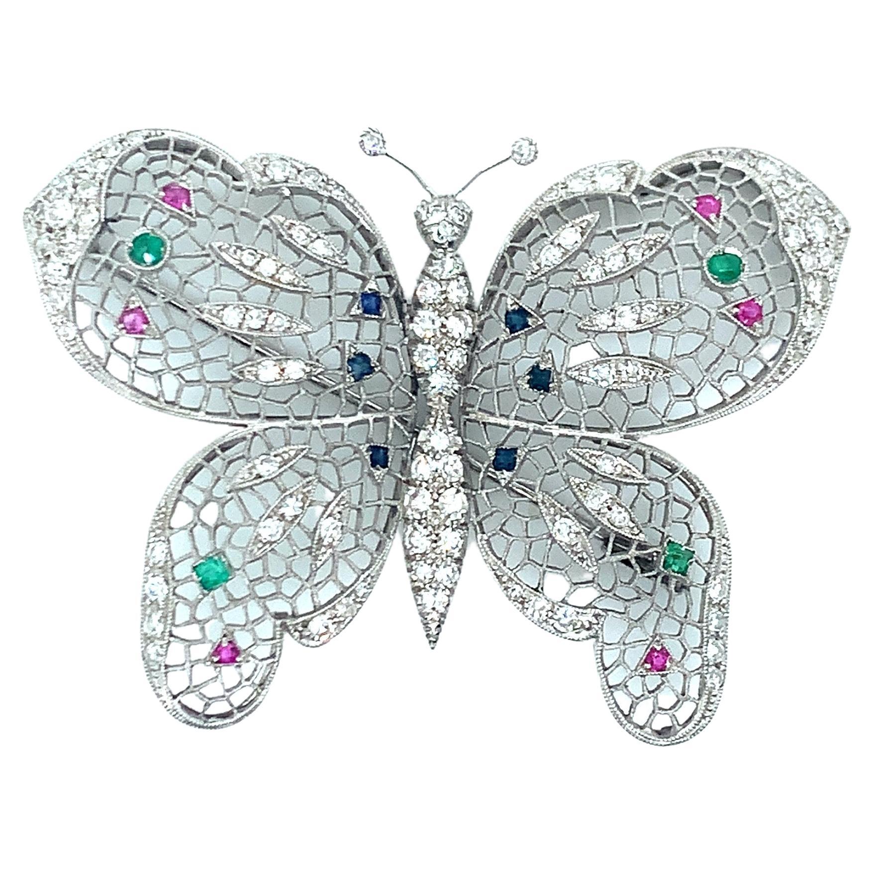 Multigem Butterfly Diamond Brooch For Sale