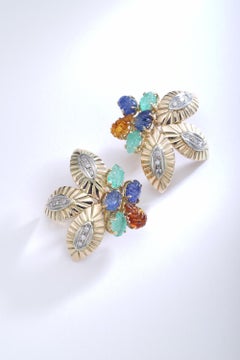 Multigem Engraved Leaves Yellow and White Gold Earrings Earclips