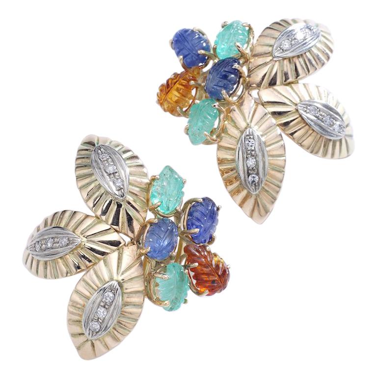 Multigem Engraved Leaves Yellow and White Gold Earrings Earclips For Sale