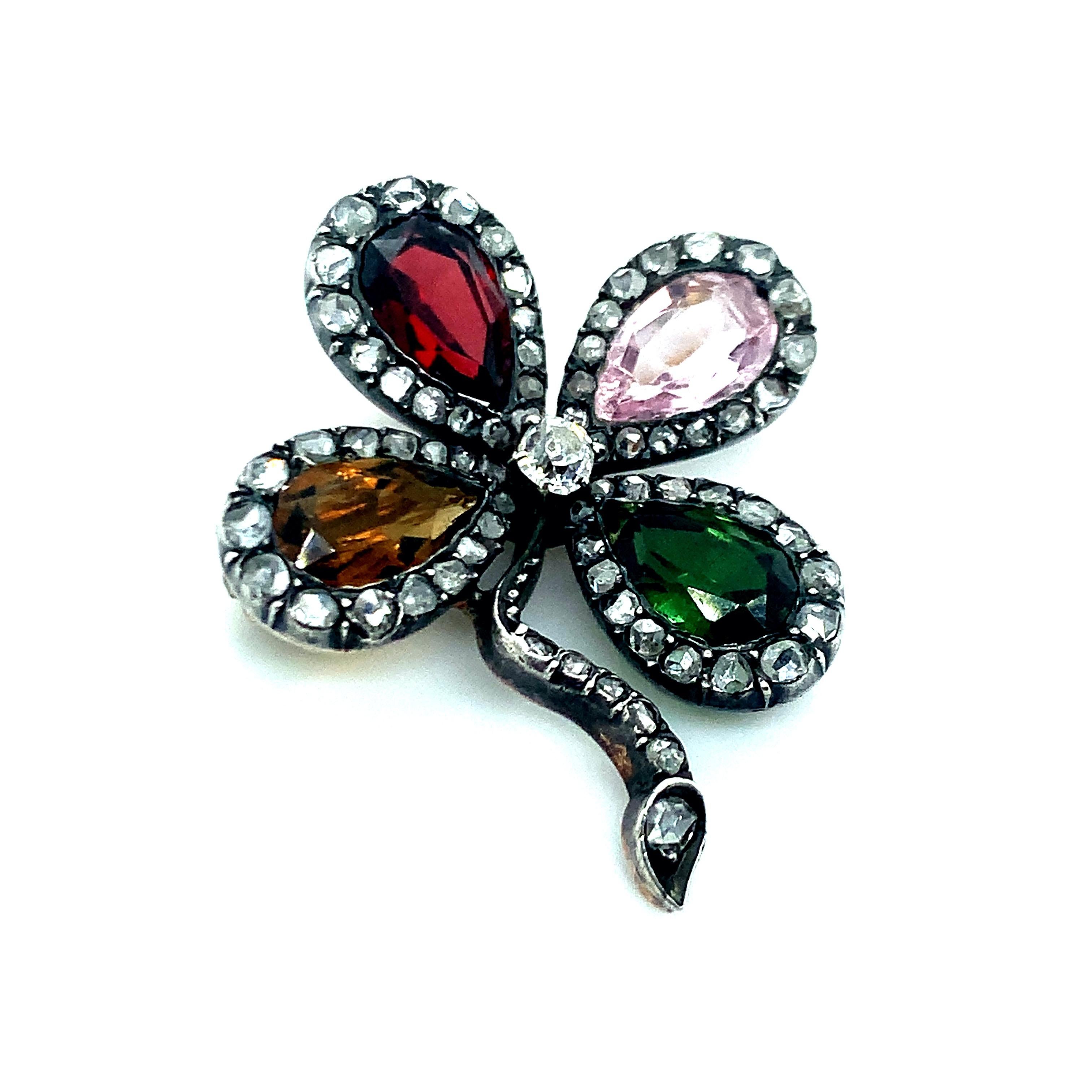 Multigem Silver & Gold Clover Brooch In Good Condition For Sale In New York, NY