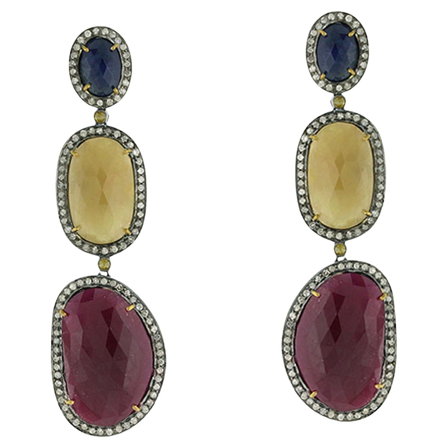 Multigemstone 3 Tier Dangle Earrings With Diamonds Made In 18k Yellow Gold For Sale