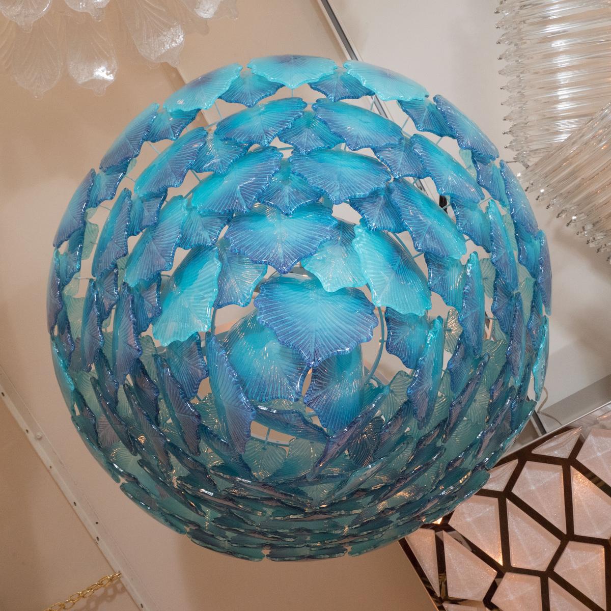 Italian Multilayered Chandelier Featuring Deep Blue Leaf Elements