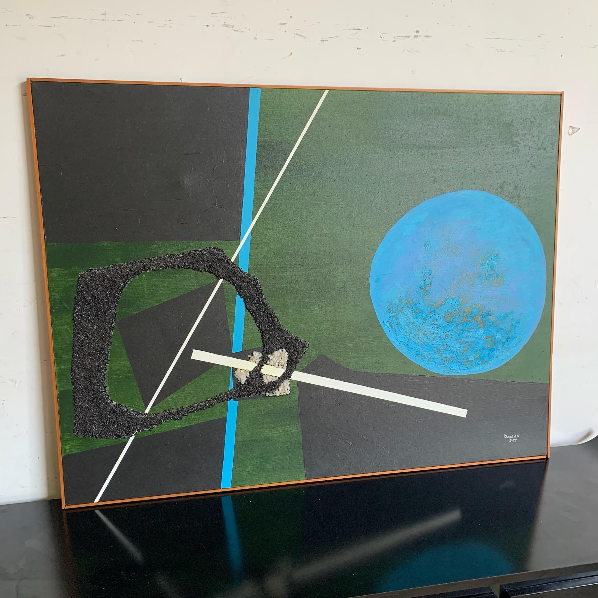 Aggiungi un tocco di arte d'avanguardia alla tua collezione con questo quadro con cornice multimediale Tangenti Cosmiche di Saisan, creato nel 1972. Questo pezzo unico combina diversi media, creando un'esperienza visiva dinamica e intrigante.