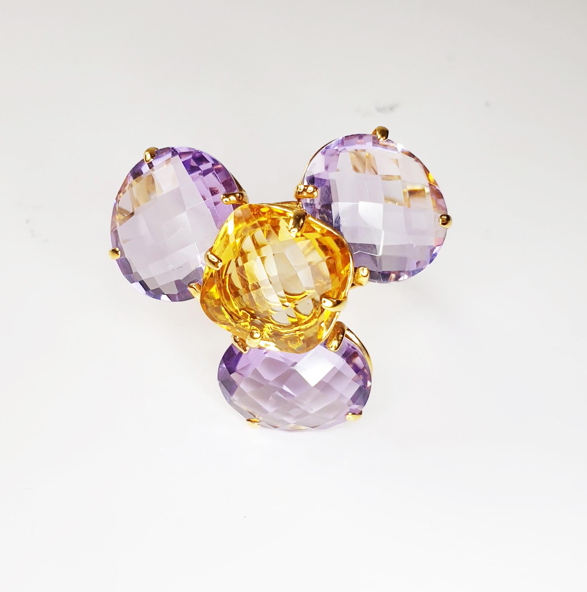 Crisscut Multiphaceted Flower Ring with Central Citrine and Three Amethysts For Sale