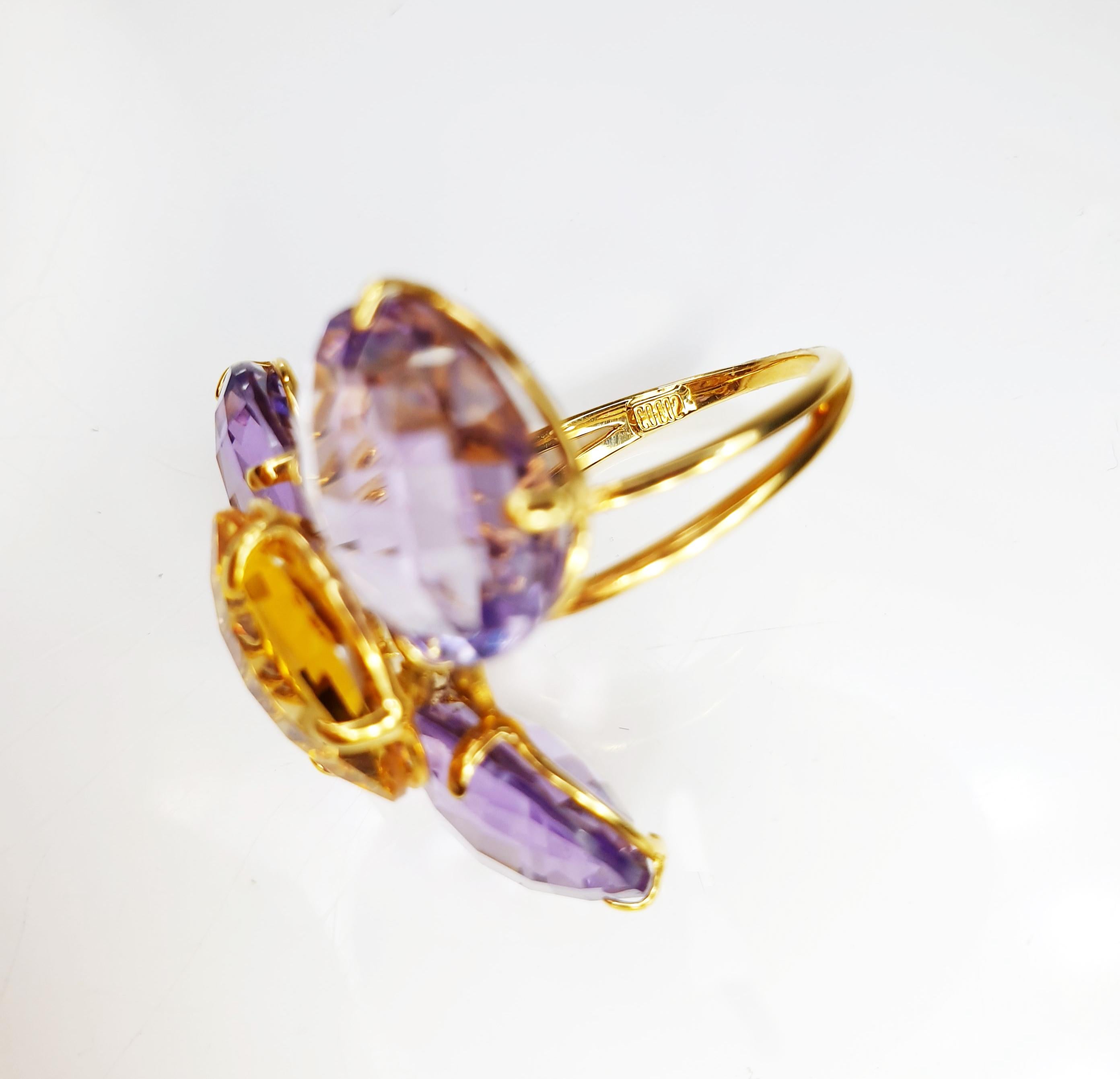 Multiphaceted Flower Ring with Central Citrine and Three Amethysts In New Condition For Sale In Bilbao, ES
