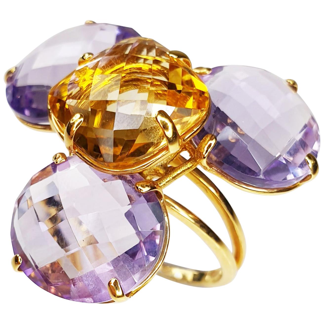 Multiphaceted Flower Ring with Central Citrine and Three Amethysts For Sale