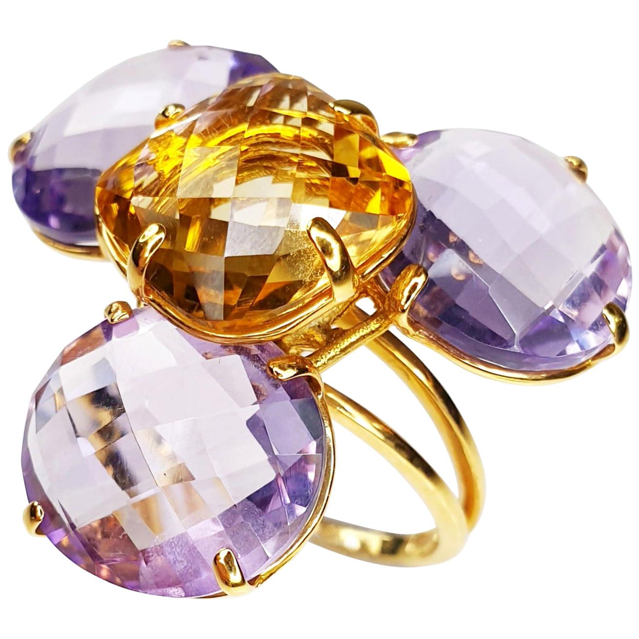 Multiphaceted Flower Ring with Central Citrine and Three Amethysts