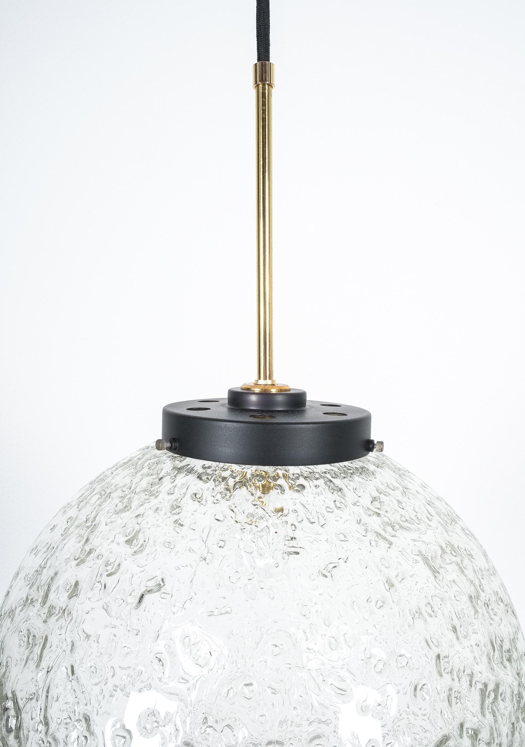 Blown Glass Multiple BAG Turgi Glass Brass Globe Pendant Lamps, circa 1960 For Sale
