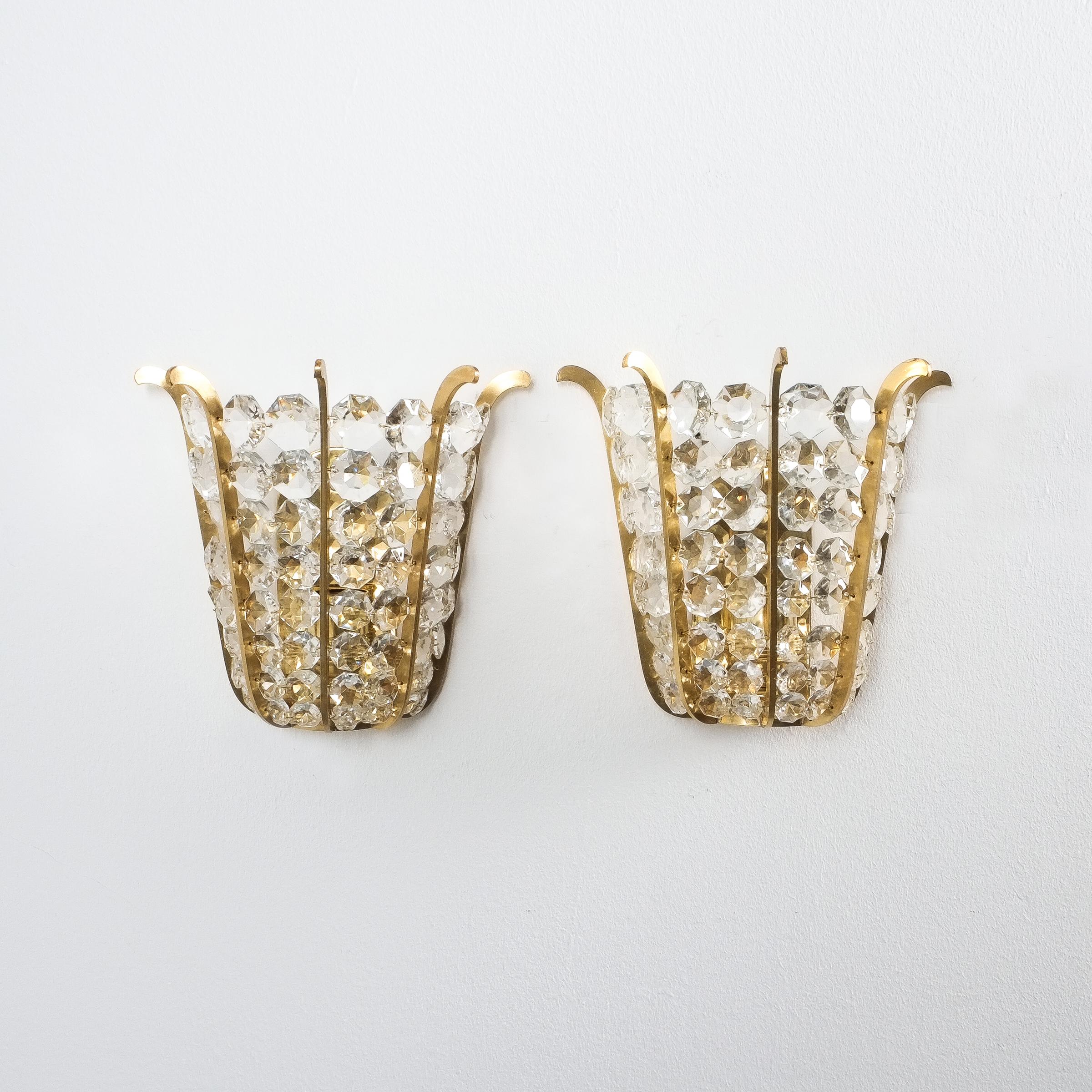 Multiple Bakalowits Crown Sconces (4) Brass and Glass, Austria 1950 For Sale 1