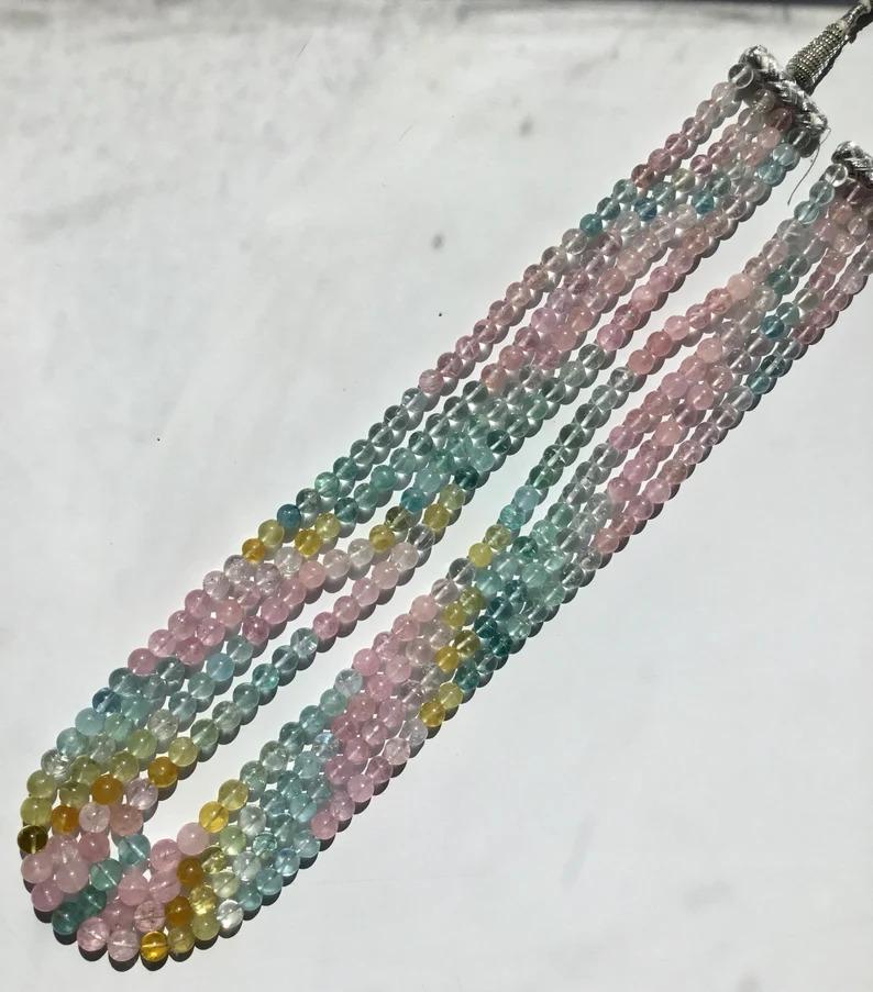 Mehrreihige Beryll-Halskette mit einfachen Kugeln und Perlen, natürlicher Edelstein aqua morganit beryll (Art déco)
