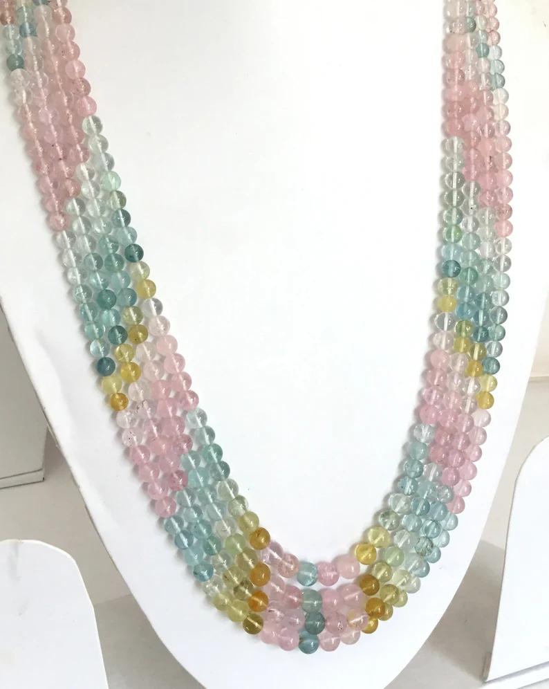 Mehrreihige Beryll-Halskette mit einfachen Kugeln und Perlen, natürlicher Edelstein aqua morganit beryll (Kugelschliff)