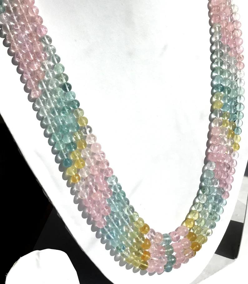 Mehrreihige Beryll-Halskette mit einfachen Kugeln und Perlen, natürlicher Edelstein aqua morganit beryll im Zustand „Neu“ in Jaipur, RJ