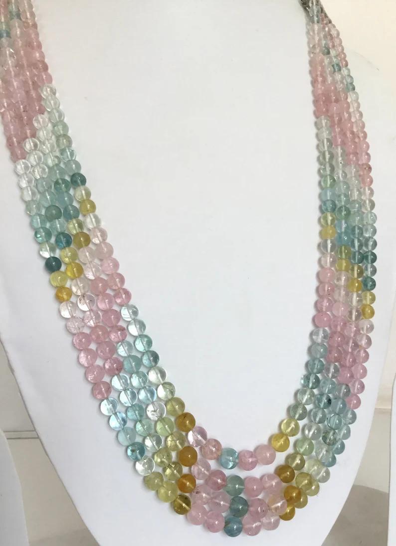 Mehrreihige Beryll-Halskette mit einfachen Kugeln und Perlen, natürlicher Edelstein aqua morganit beryll für Damen oder Herren