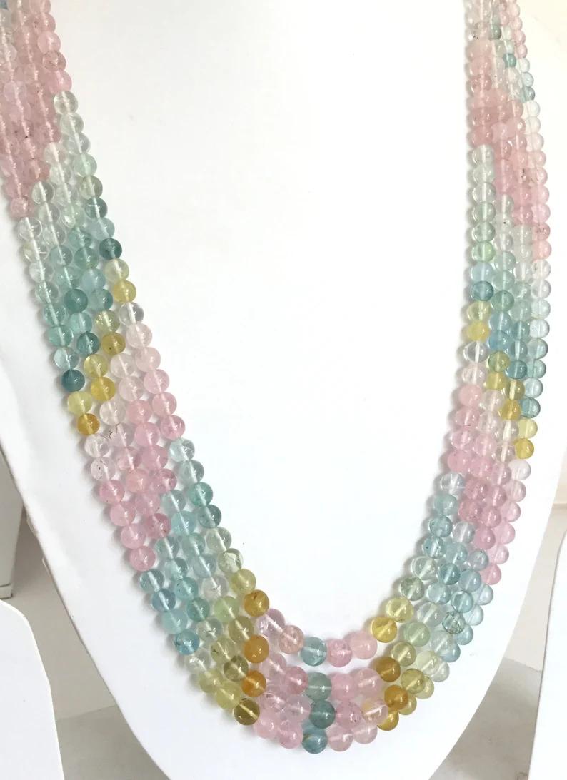Mehrreihige Beryll-Halskette mit einfachen Kugeln und Perlen, natürlicher Edelstein aqua morganit beryll 1