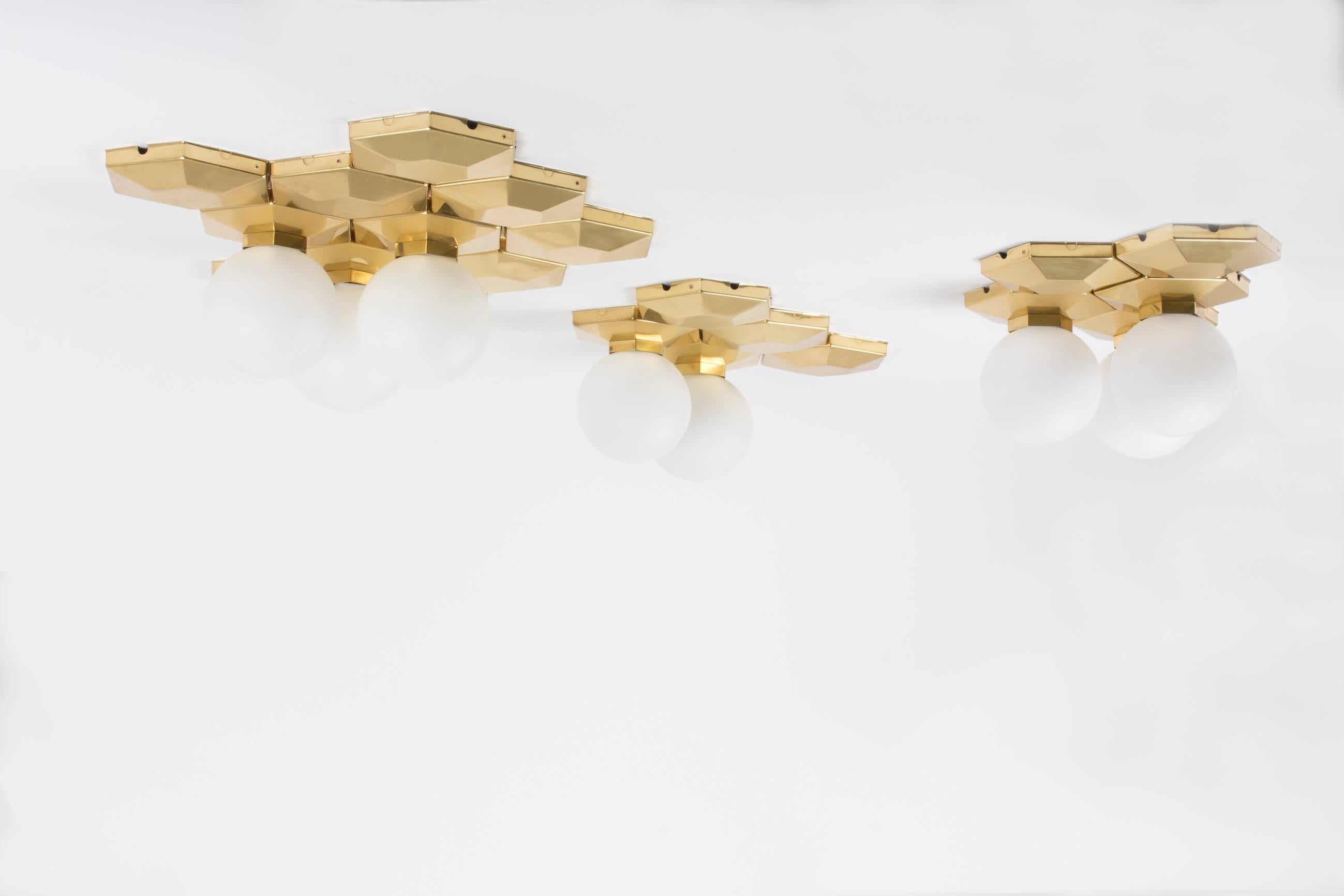 Space Age Multiple Brass and Glass Flush Mounts for Modular Installation, circa 1970