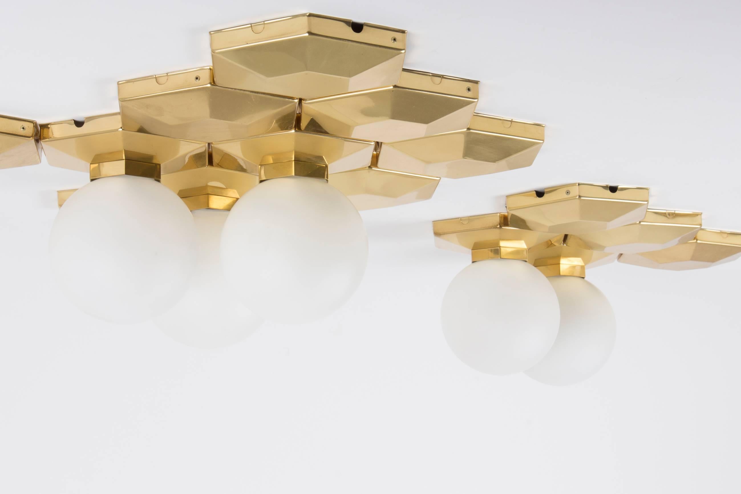 Austrian Multiple Brass and Glass Flush Mounts for Modular Installation, circa 1970