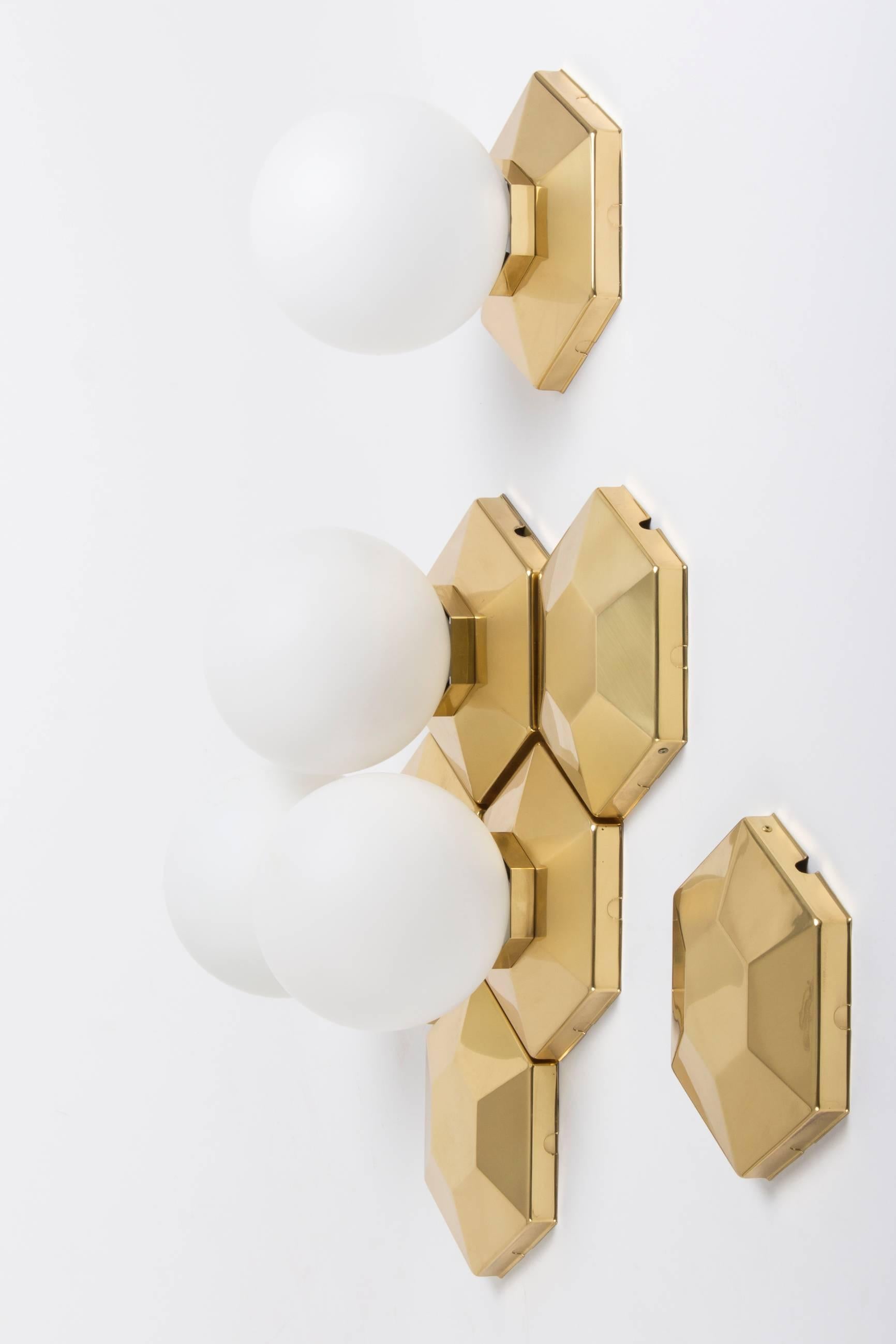 Polished Multiple Brass and Glass Flush Mounts for Modular Installation, circa 1970